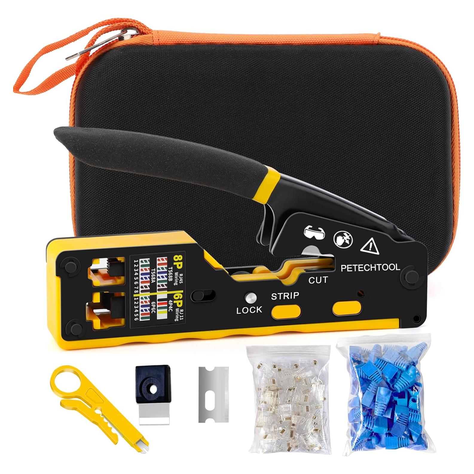Crimpadora RJ45 PETECHTOOL Kit Completo con Conectores y Pelacables