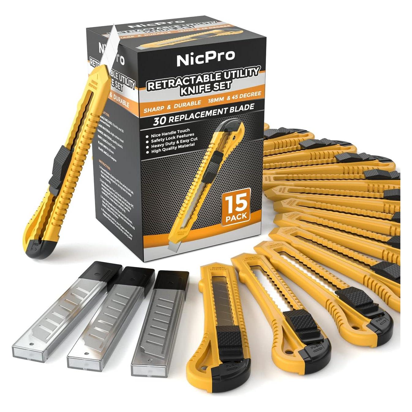 Paquete de 15 Cuchillos Utilitarios Nicpro 18mm con 30 Cuchillas