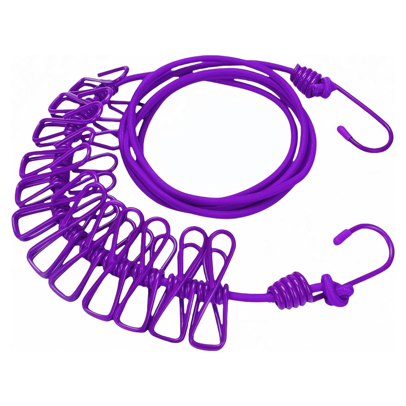 Cuerda de Ropa Portátil FANBODTA 3.66m con 12 Clips Morado
