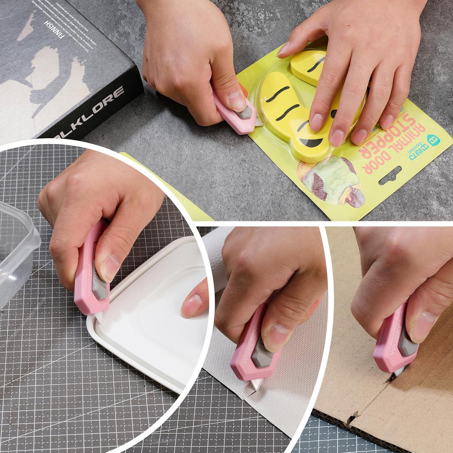 WORKPRO Ceramic Small Safety Box Cutter, Automatic Rebound Mini Letter Opener, Quick Change Retractable Blade Razor Knife, with Extra Blades