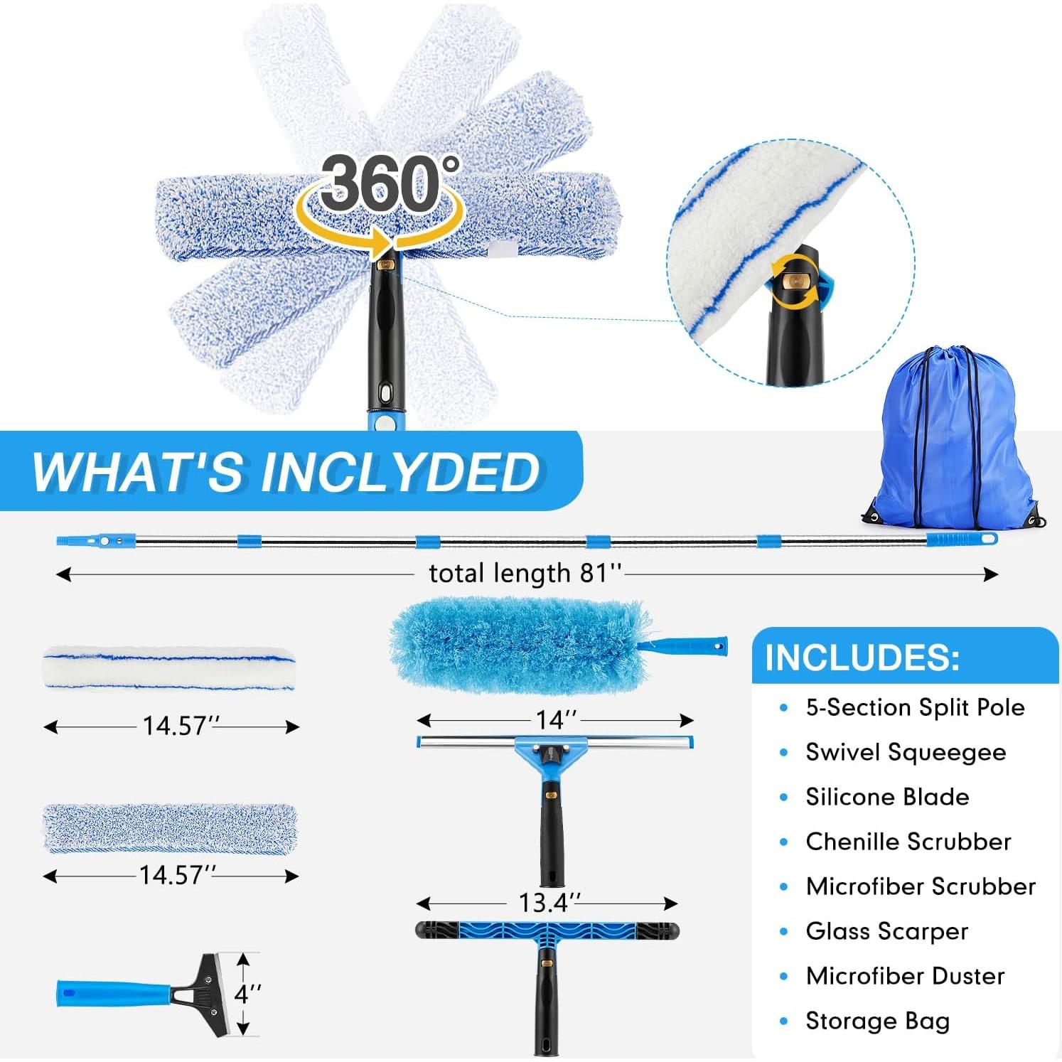 Kit Profesional de Limpieza de Ventanas Feeloco 1.35 kg con Polo Extensible