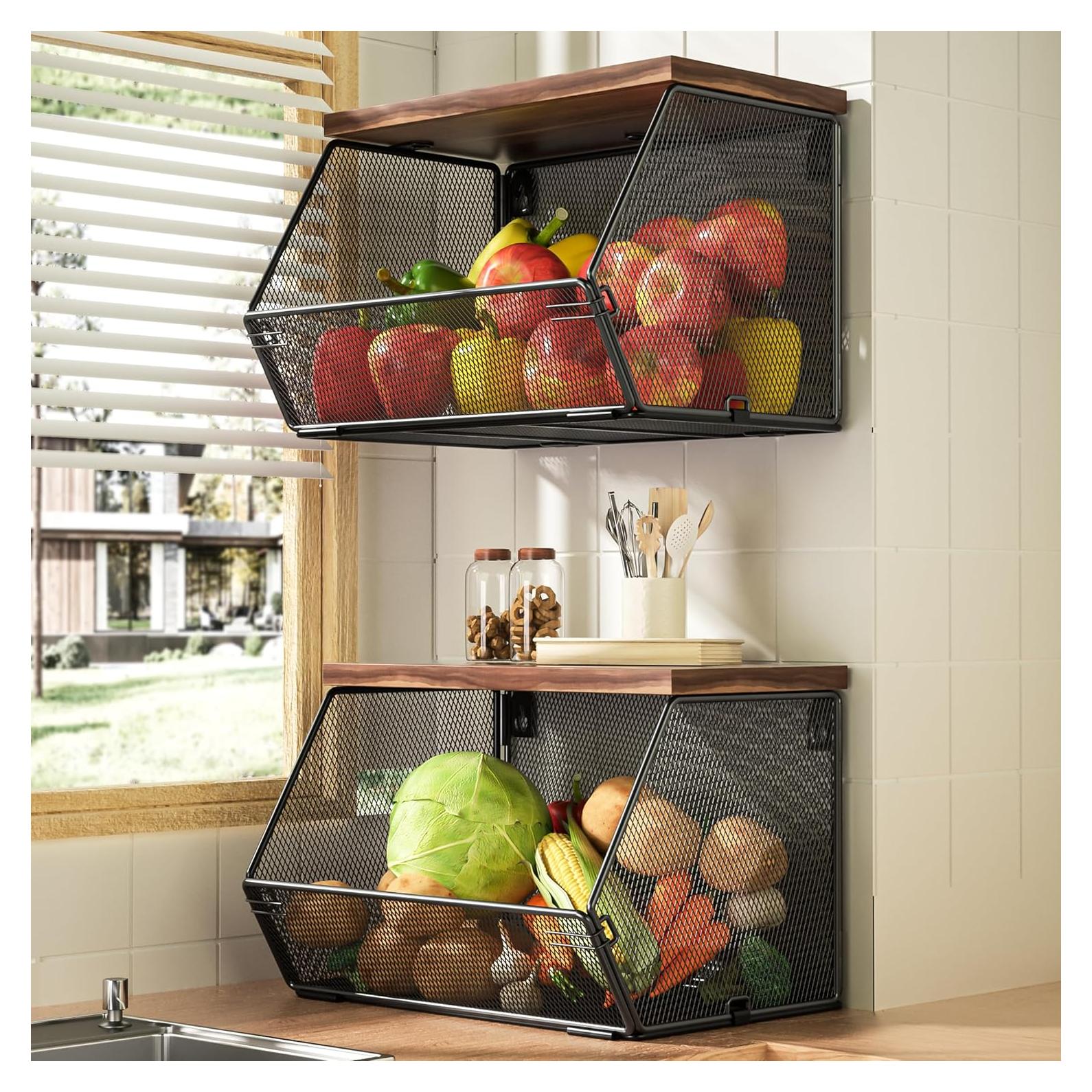 Cesta de Frutas Apilable Litwaro con Tapa de Madera - 2 Piezas