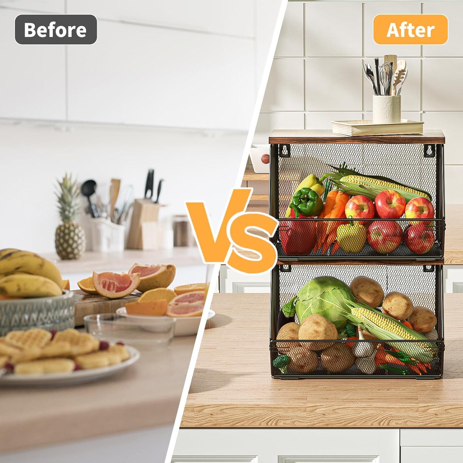 Cesta de Frutas Apilable Litwaro con Tapa de Madera - 2 Piezas