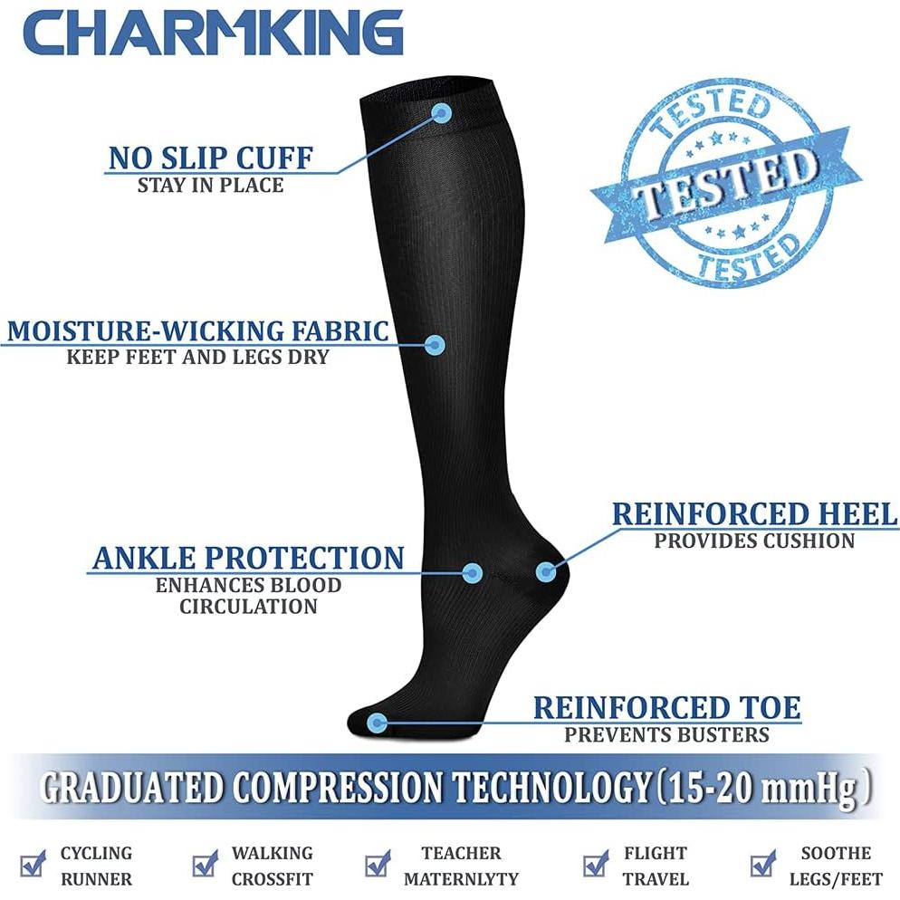 Calcetines de Compresión CHARMKING 15-20 mmHg 8 Pares Unisex