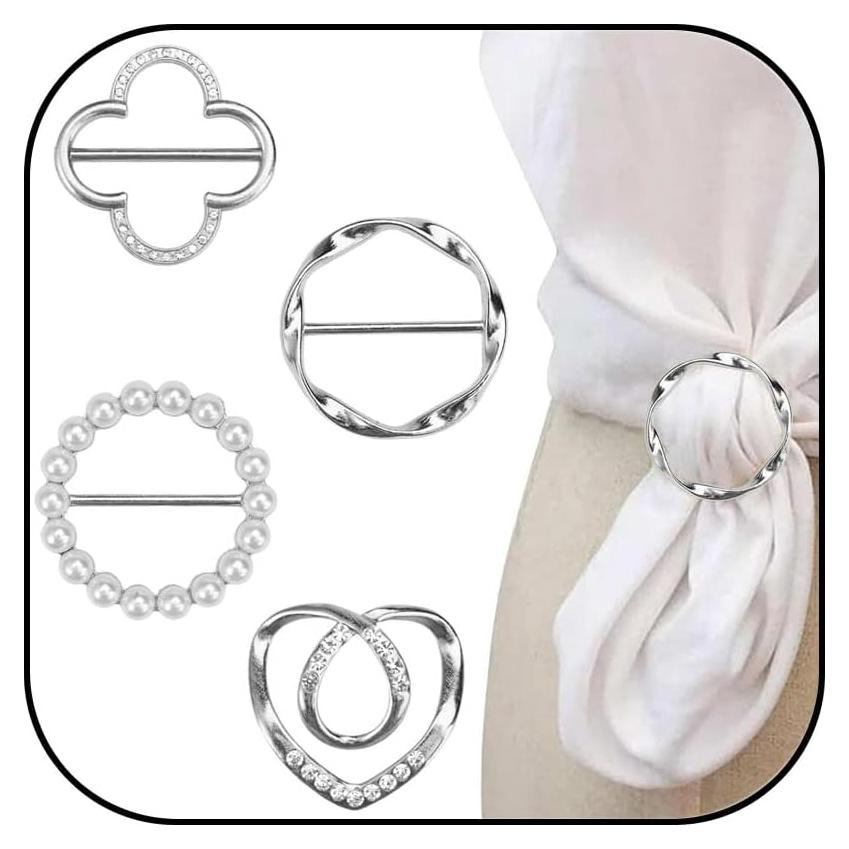 4 Anillos para Bufandas de Mujer - Clips Decorativos de Metal