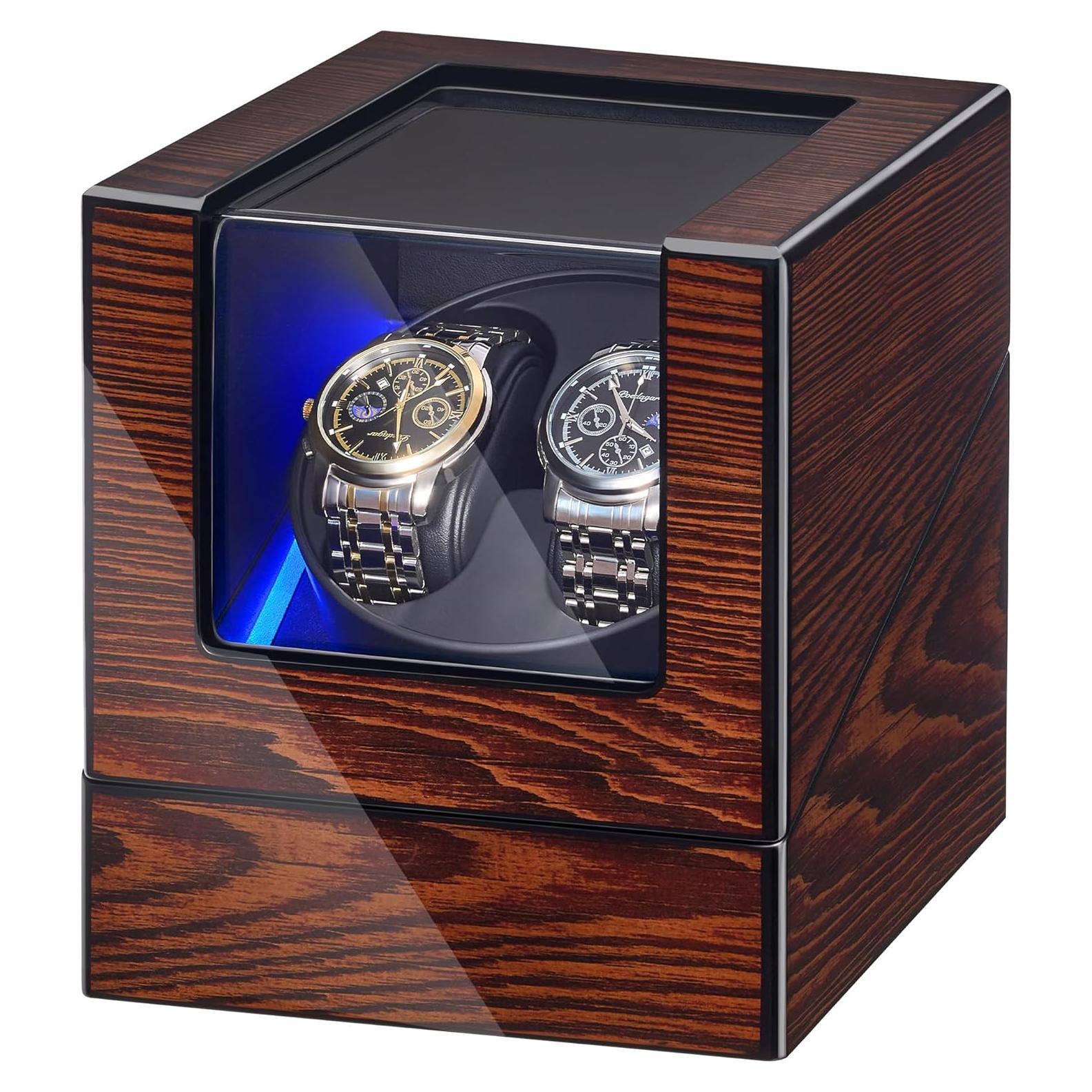 BEWISHOME Caja Winder para 2 Relojes Automáticos Madera LED
