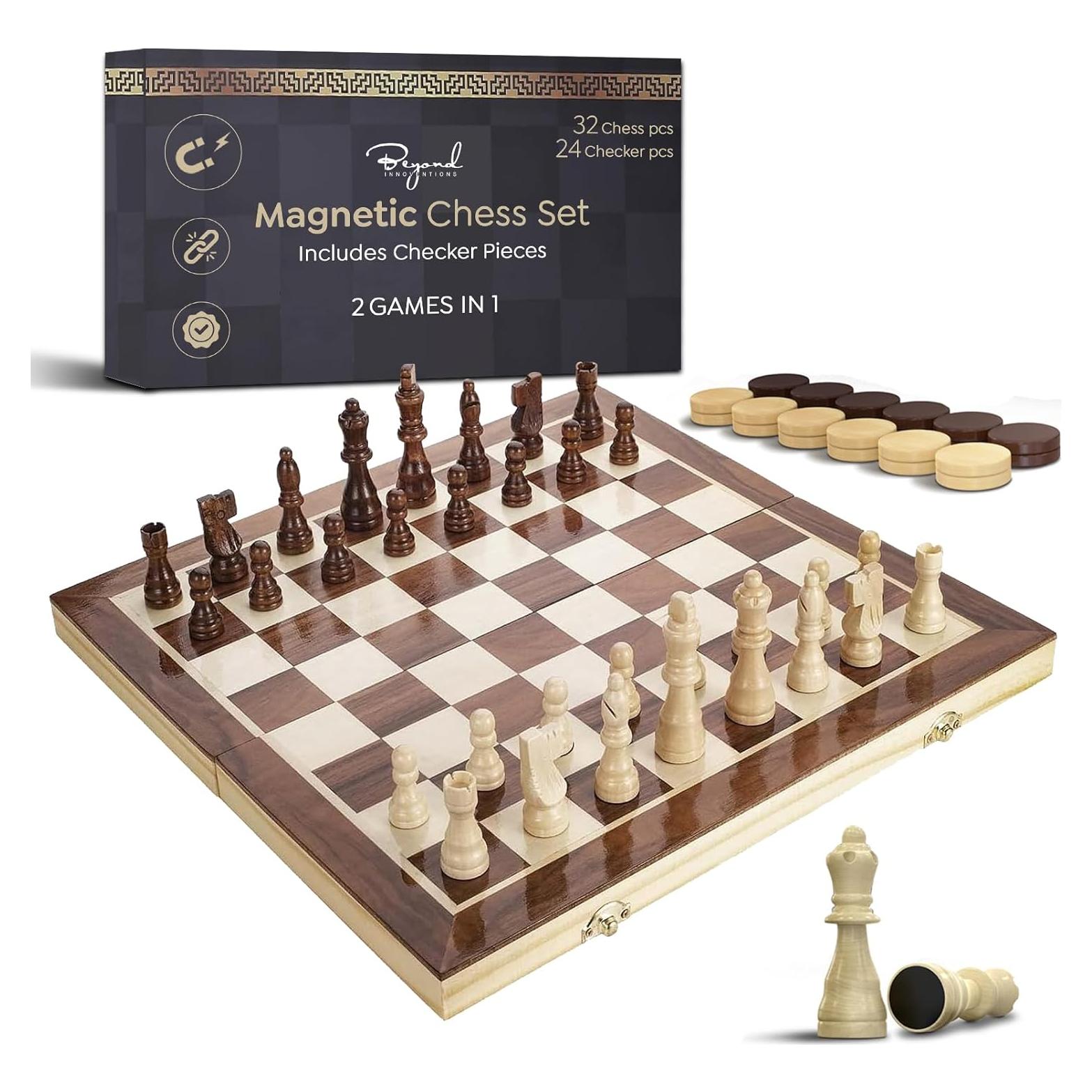 Juego de Ajedrez Magnético de Madera 15" - Almacenamiento y 2 Reinas Extra