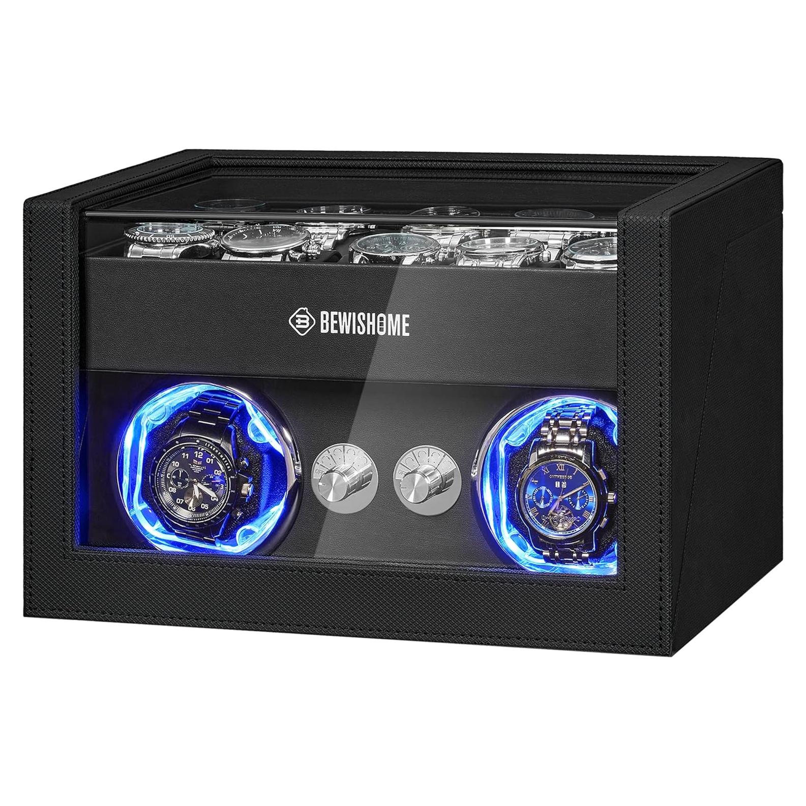 BEWISHOME Reloj Winder Doble para 10 Relojes con Luz LED