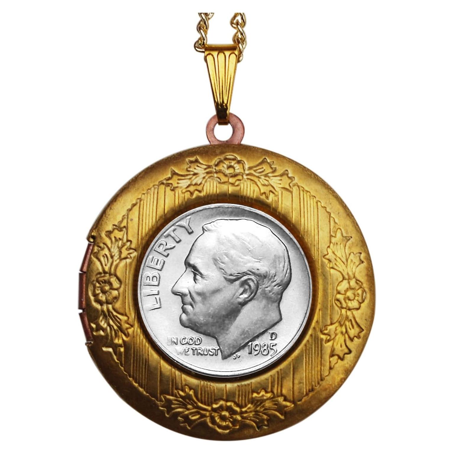 Collar de Relicario con Moneda Roosevelt 10 Centavos 1985