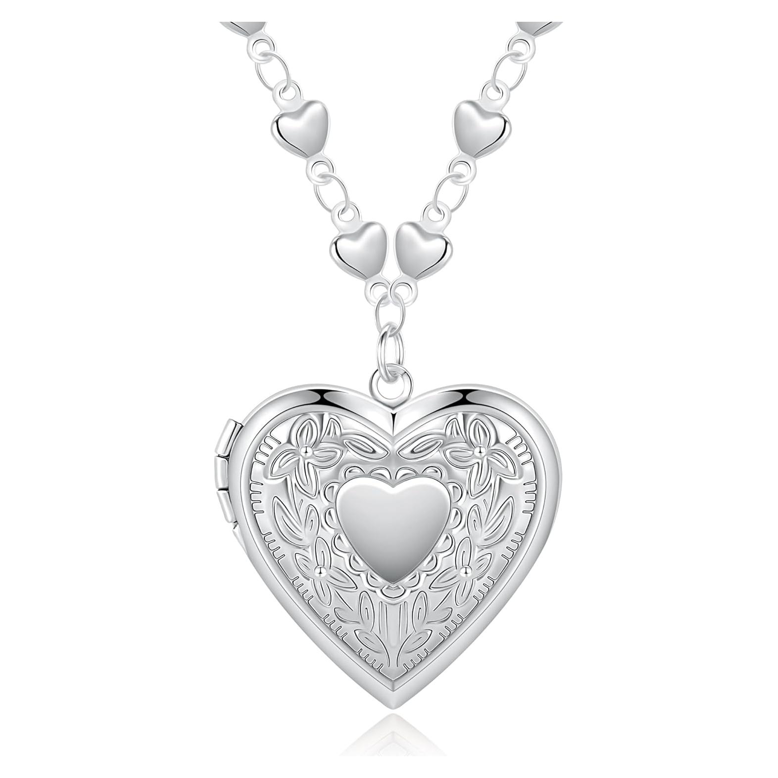 Collar medallón corazón plateado para mujeres con fotos