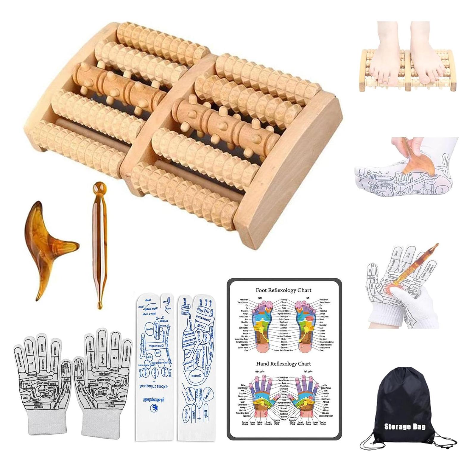 Rodillo de Madera para Masaje de Pies Genérico - Kit Completo con Calcetines y Herramientas