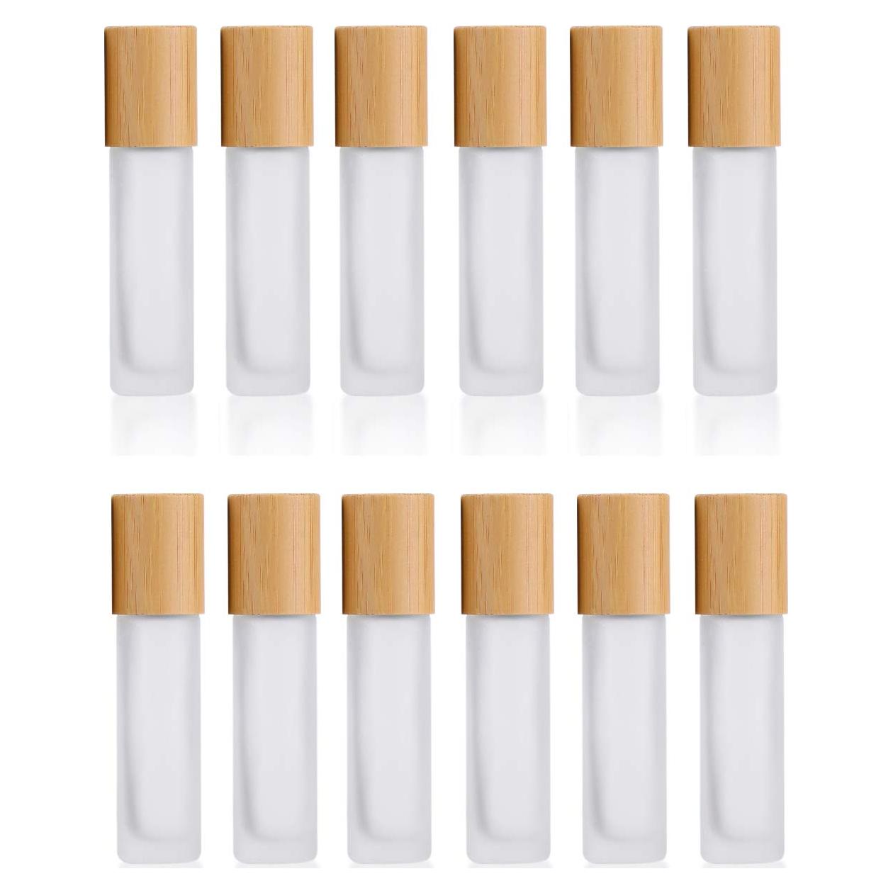 12 Botellas de Vidrio Esmerilado 10ml con Rodillo y Tapas de Bambú