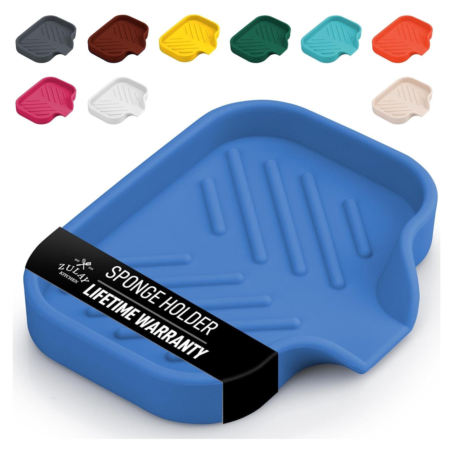 Zulay Kitchen Small Silicone Sponge Holder (4.9x3.3”) – Space-Saving Sink Organizer Tray for Sponge, Soap, Brush & More – Compact Non-Slip Dish for Kitchen & Bathroom (Provence Blue)