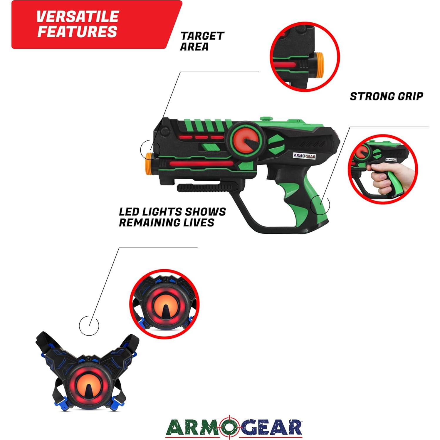 Set de 4 Pistolas Laser Tag ArmoGear con Chalecos - Diversión