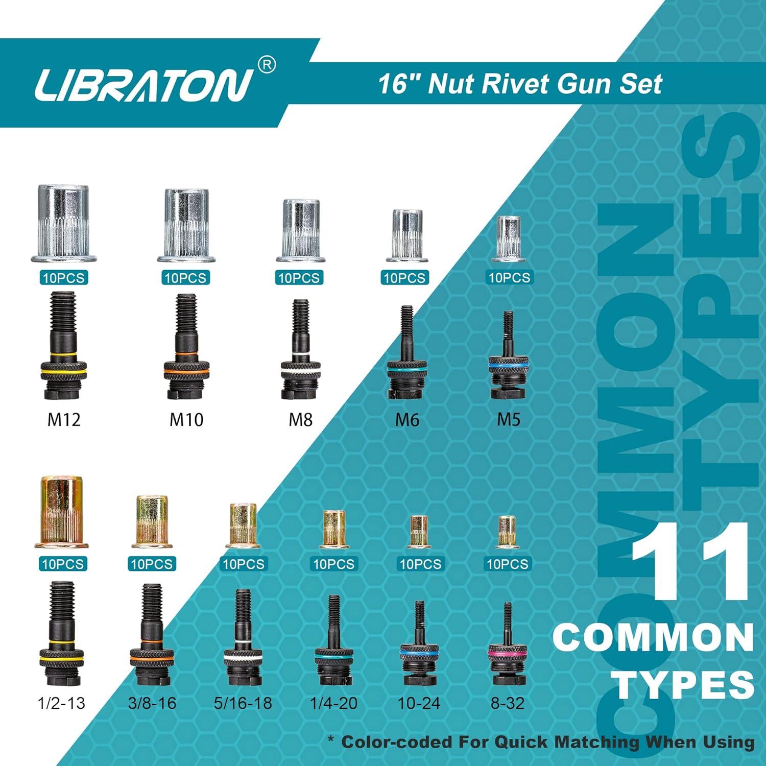 Herramienta de Tuerca Remachada LIBRATON 16" con 110 Tuercas y Estuche