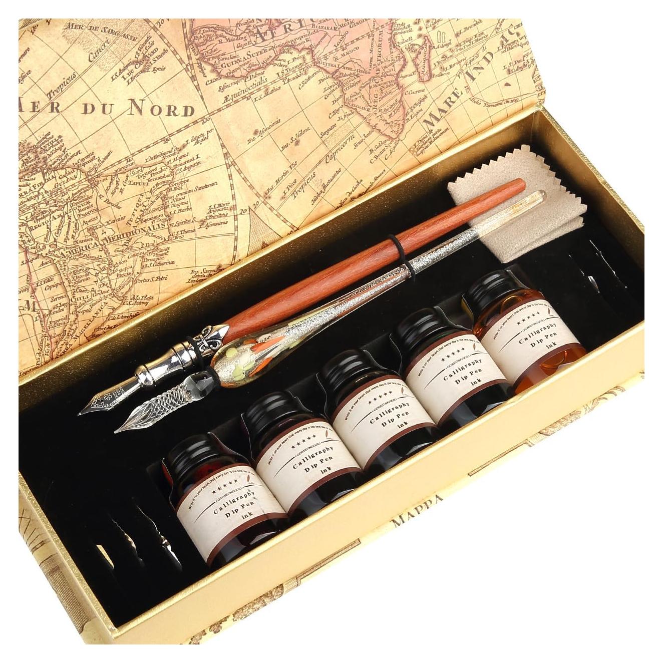 Juego de Caligrafía GC QUILL MU-02 con Plumas de Madera y Vidrio