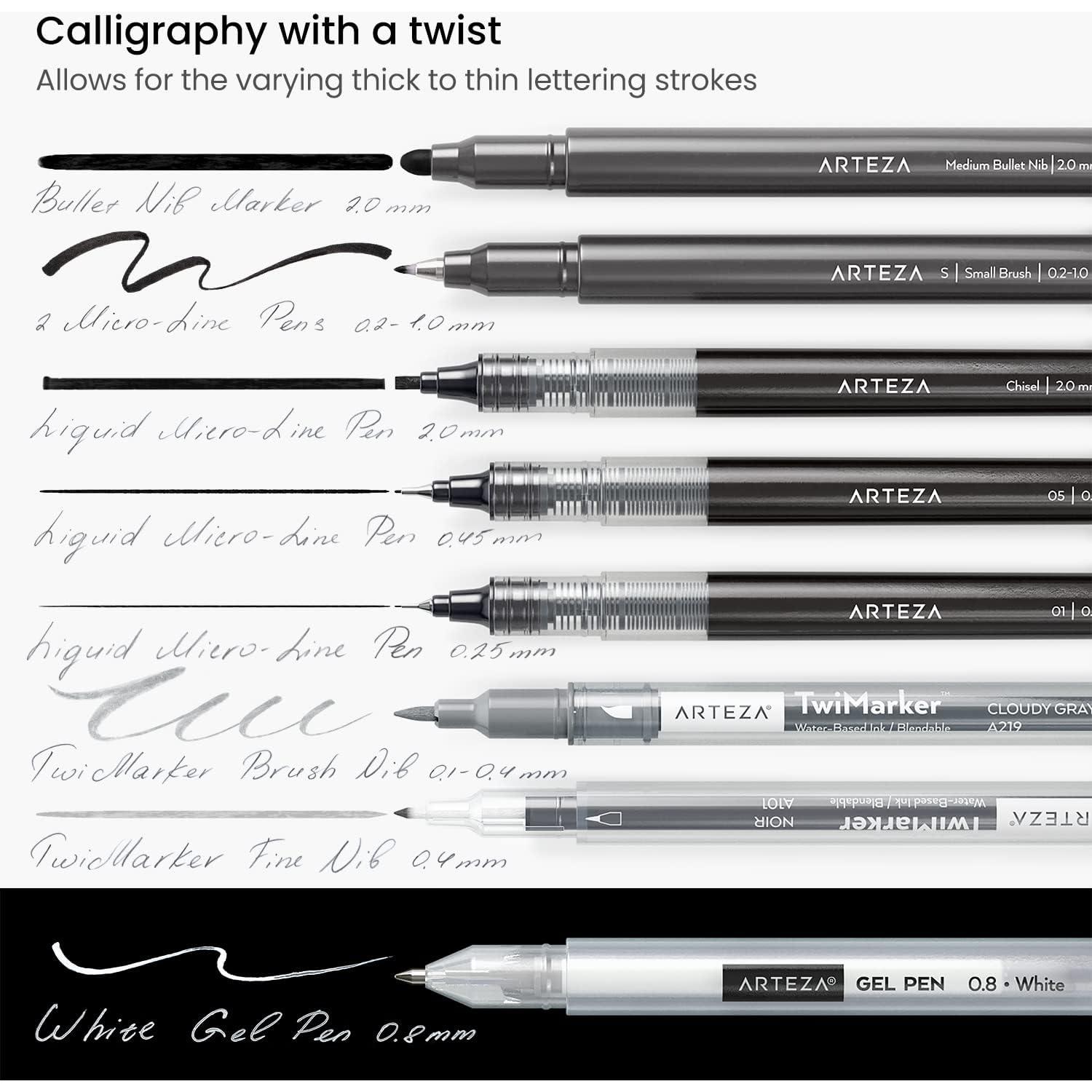 Kit de Caligrafía Arteza 12 Plumas + Lápiz y Borrador