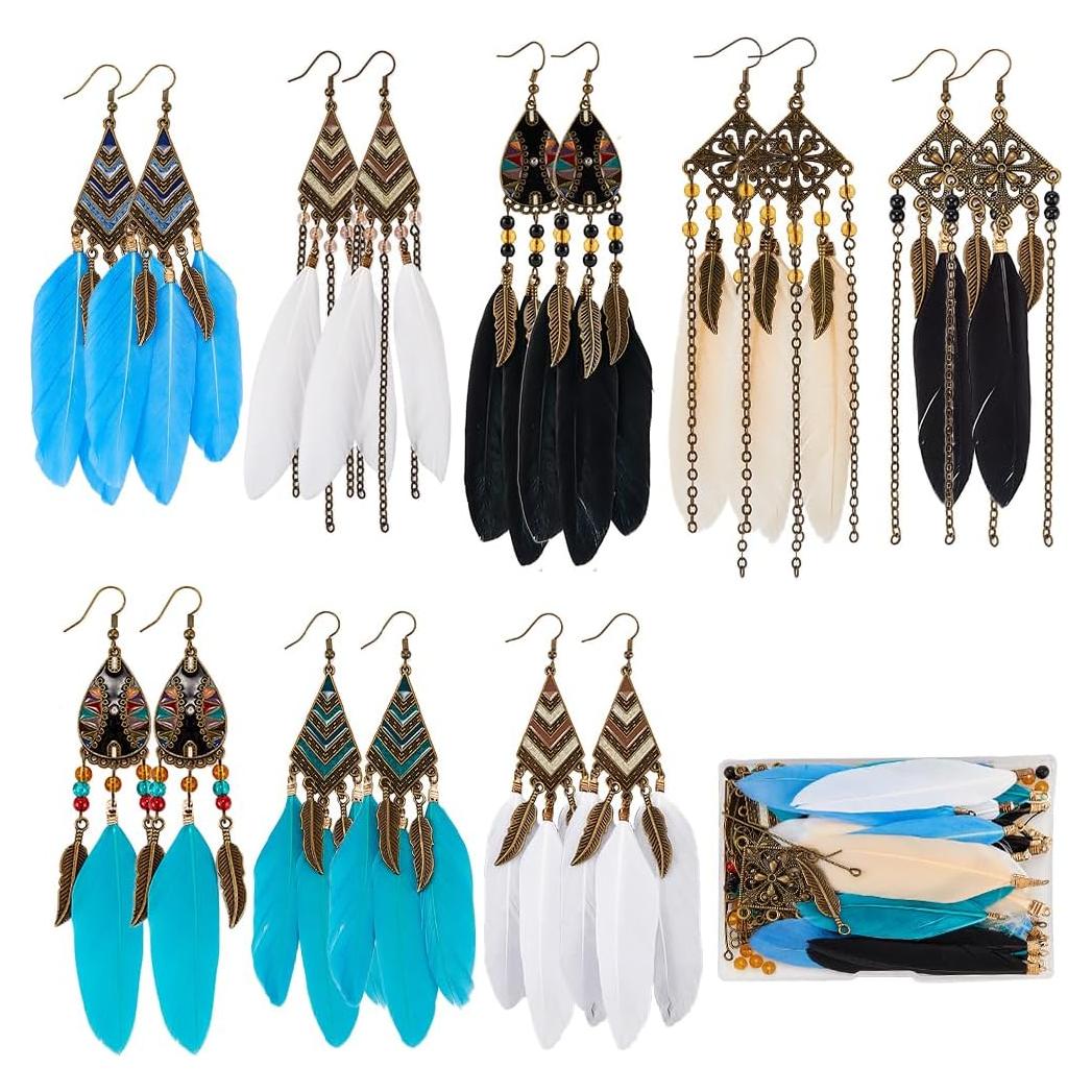 Kit de Pendientes de Plumas SUNNYCLUE - 8 Pares DIY Bohemios