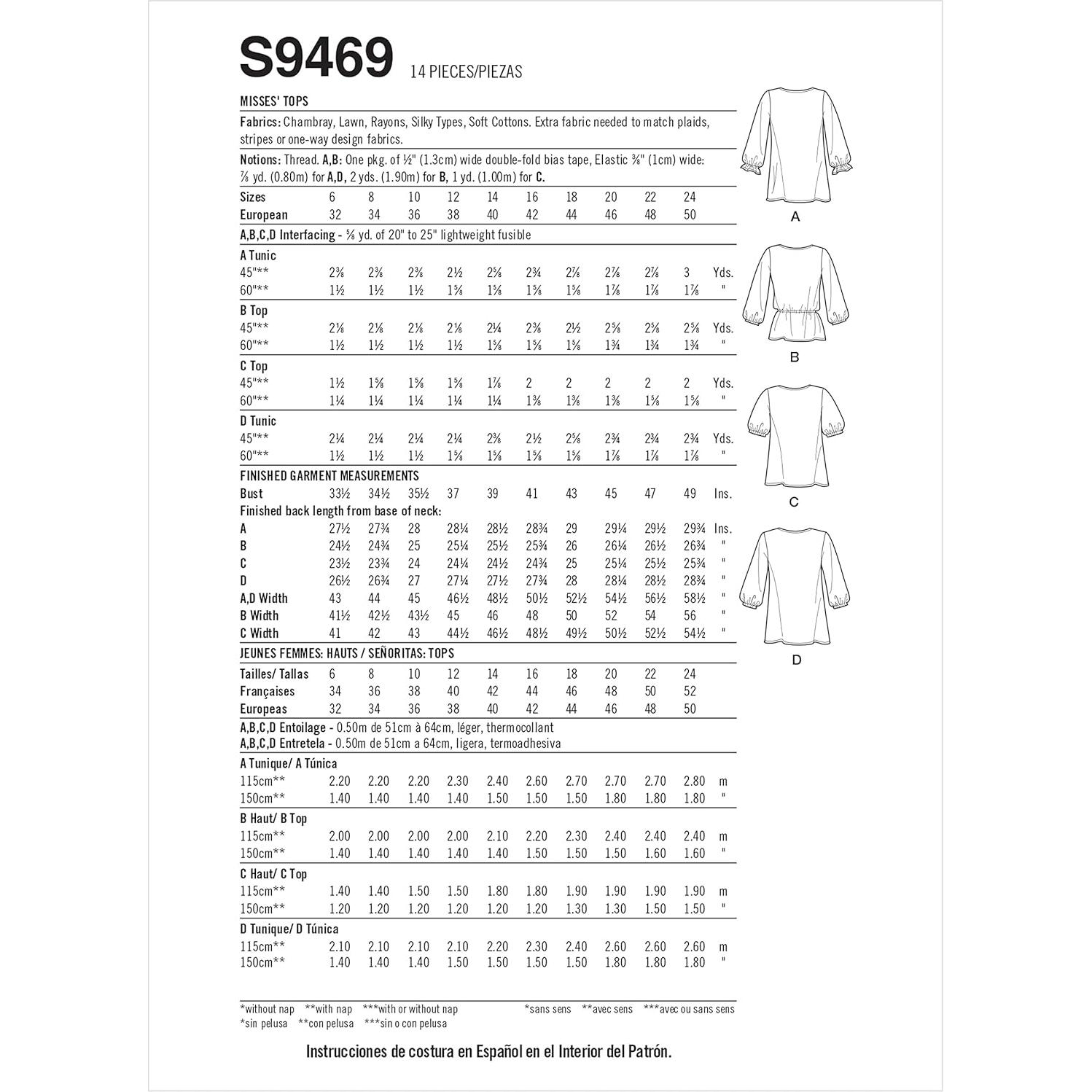 Kit de Patrón de Costura Simplicity S9469 para Blusas Tallas 16-24