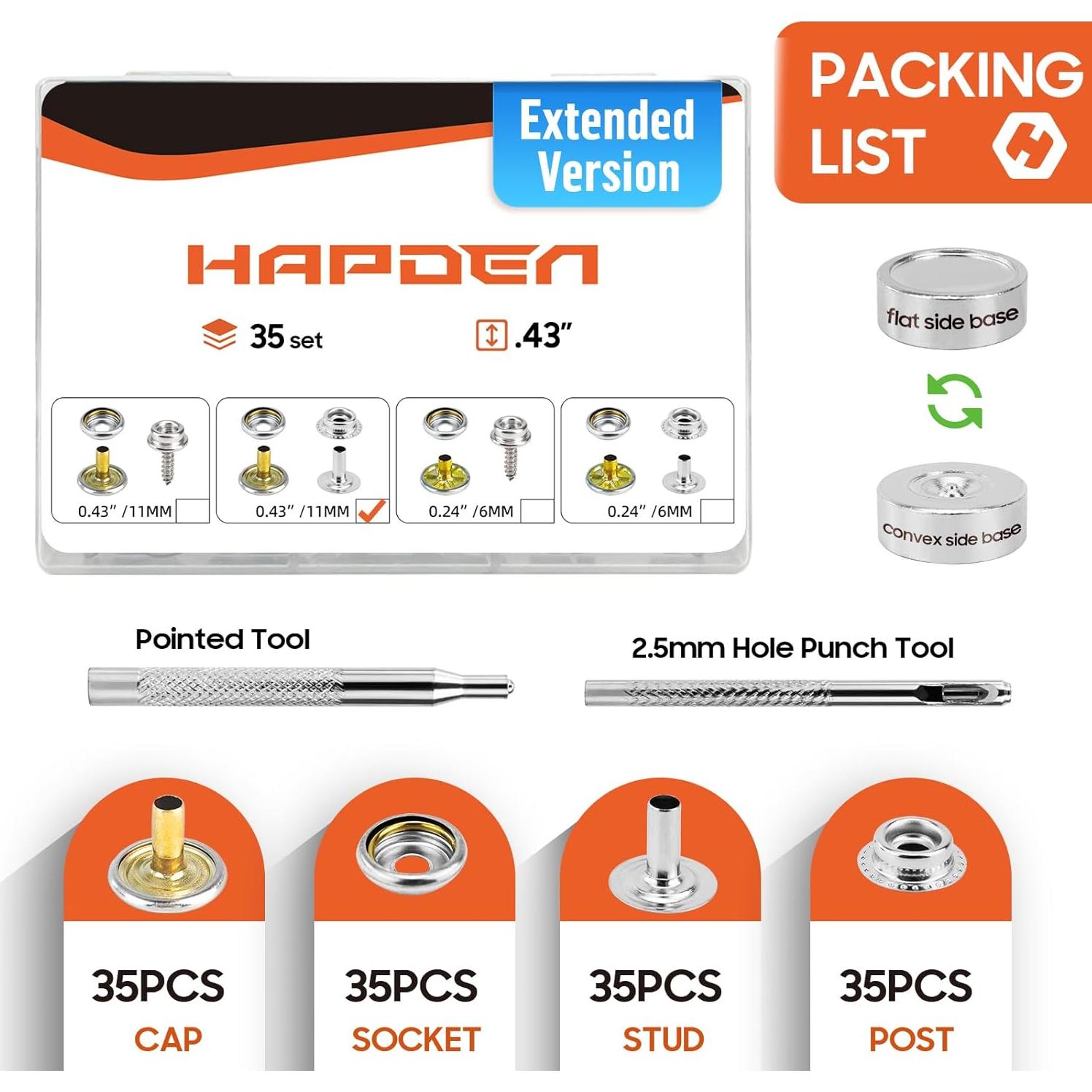 Kit de Botones de Lona HAPDEN 140 Piezas Acero Inoxidable
