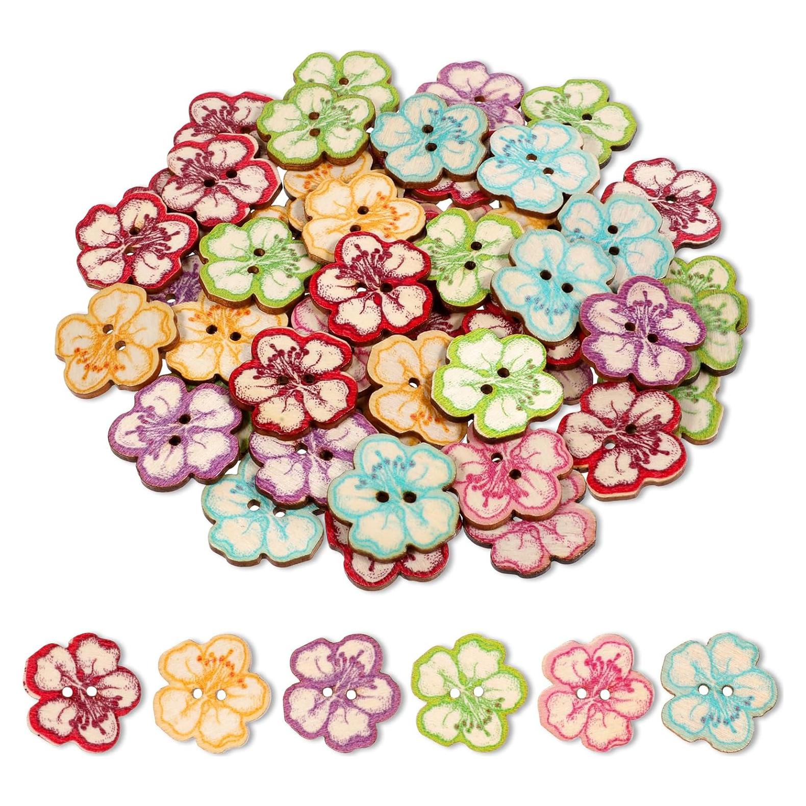 50 Botones de Madera Vin Beauty 2 Agujeros Flor Multicolor