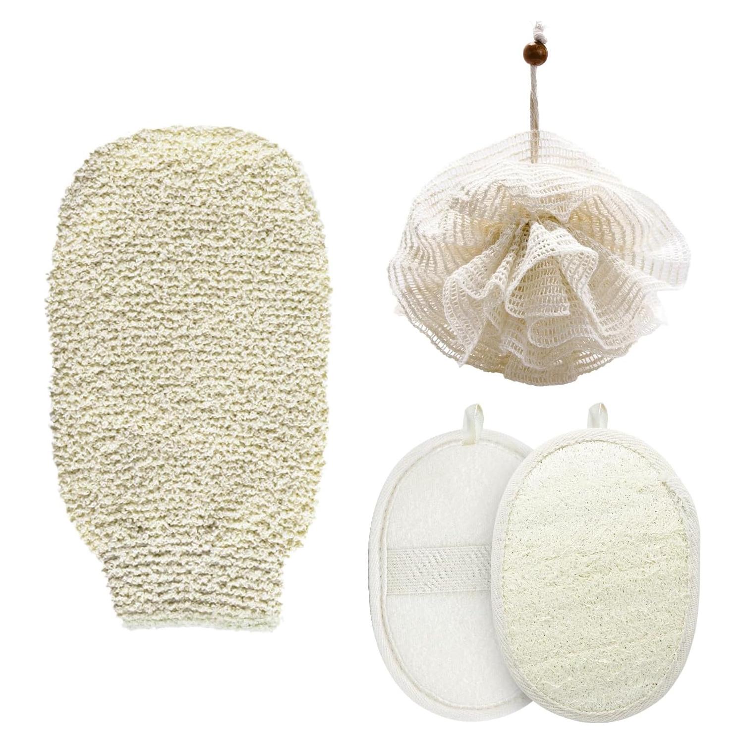 Guantes de Ducha Exfoliantes Naturales y Esponja de Lufa - Set de 3