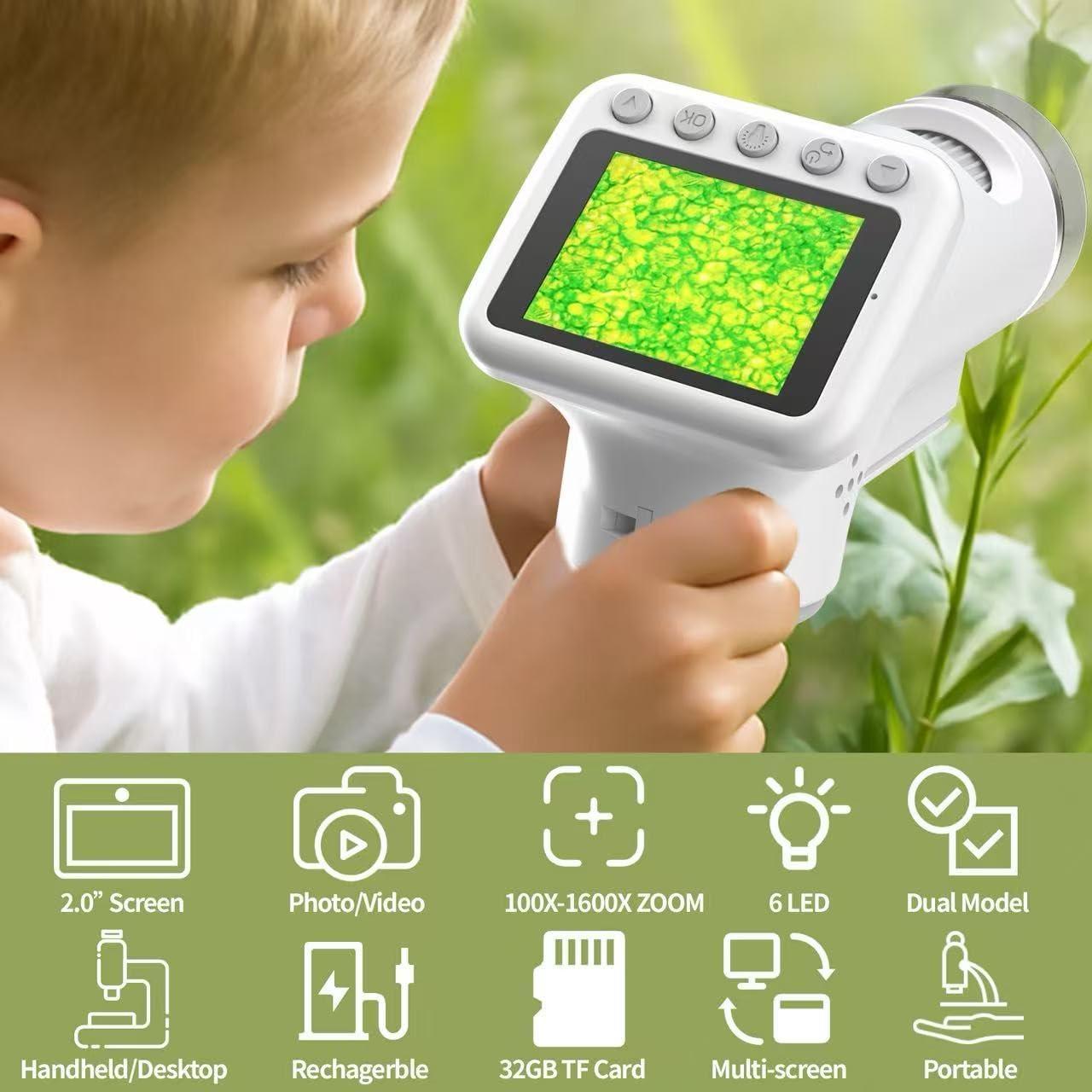 Microscopio Digital para Niños PYRODUM P02-G 1600x con Pantalla 2"