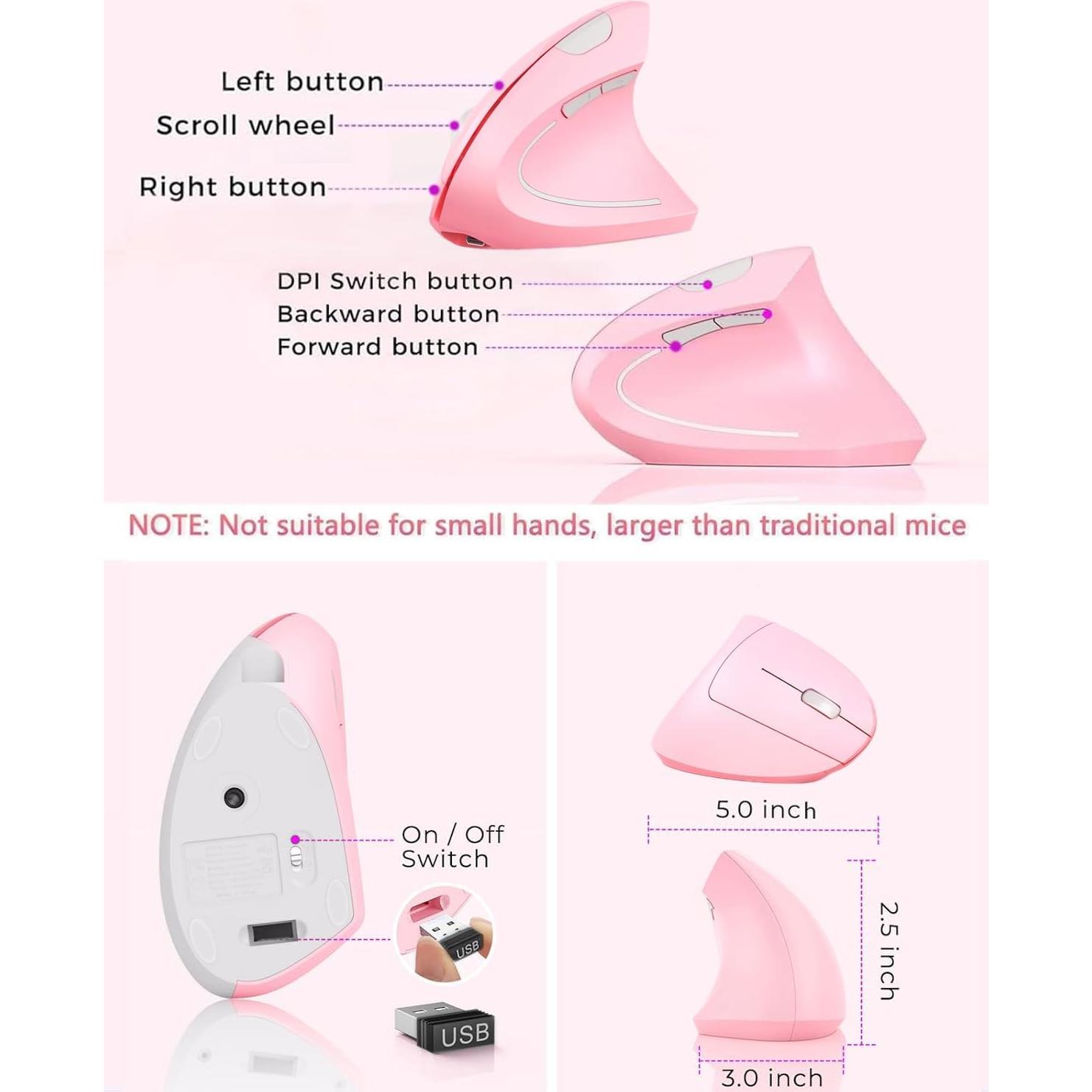 Ratón Ergonómico Inalámbrico BeWishes Rosa 3 DPI Ajustables