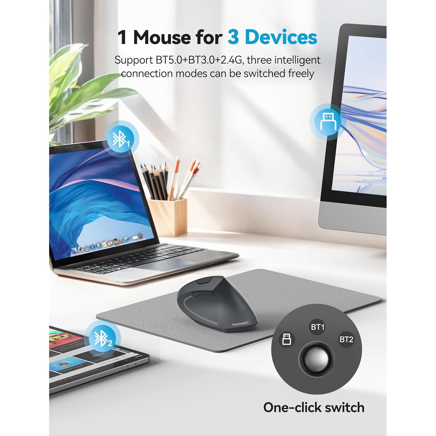 Ratón Ergonómico TECKNET Recargable Inalámbrico 6 DPI Gris