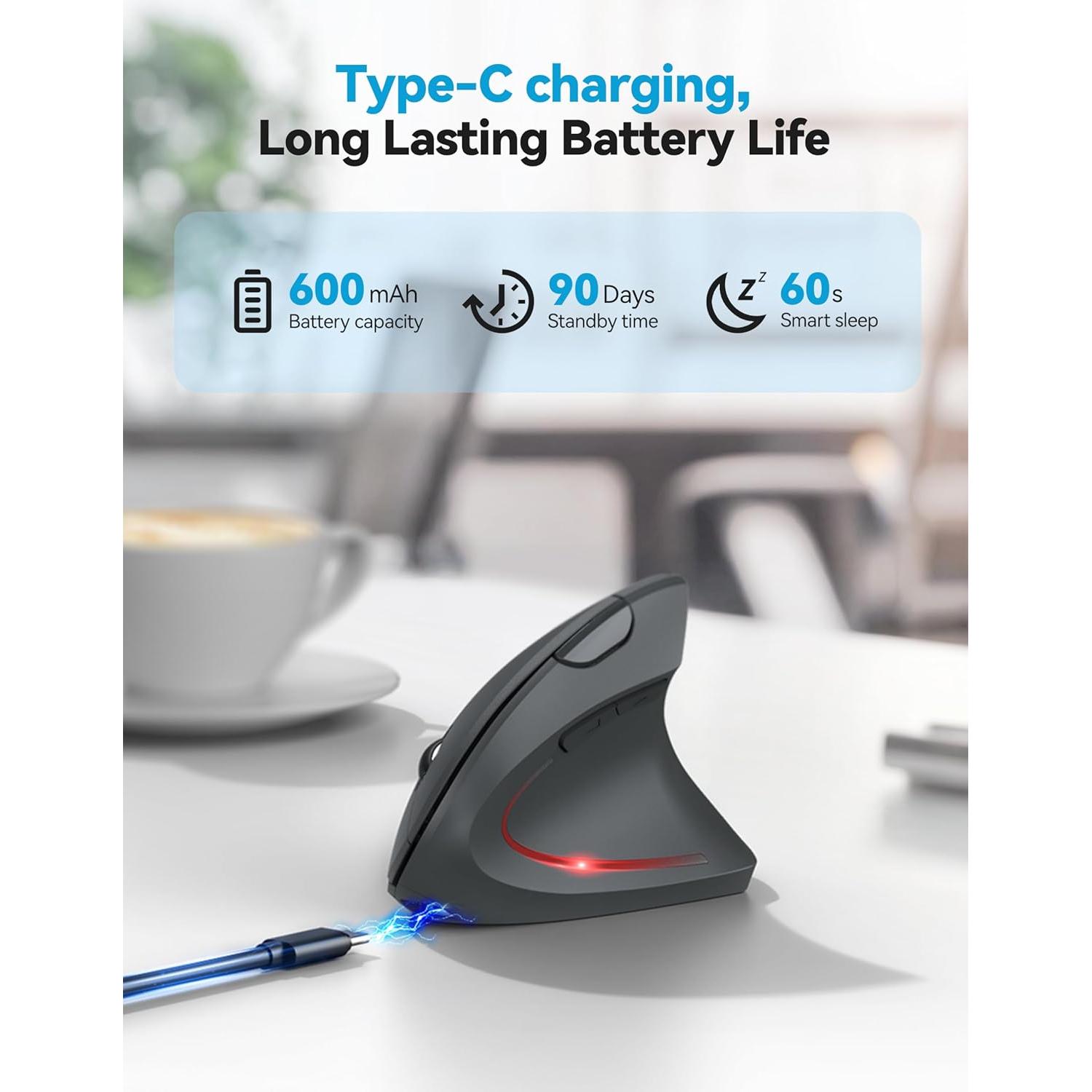 Ratón Ergonómico TECKNET Recargable Inalámbrico 6 DPI Gris