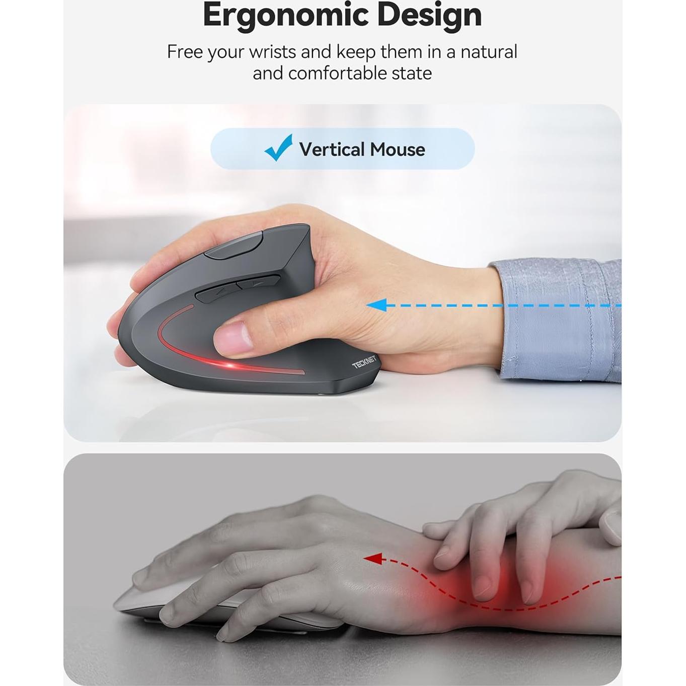 Ratón Ergonómico TECKNET Recargable Inalámbrico 6 DPI Gris