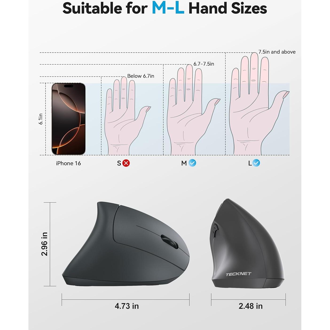Ratón Ergonómico TECKNET Recargable Inalámbrico 6 DPI Gris