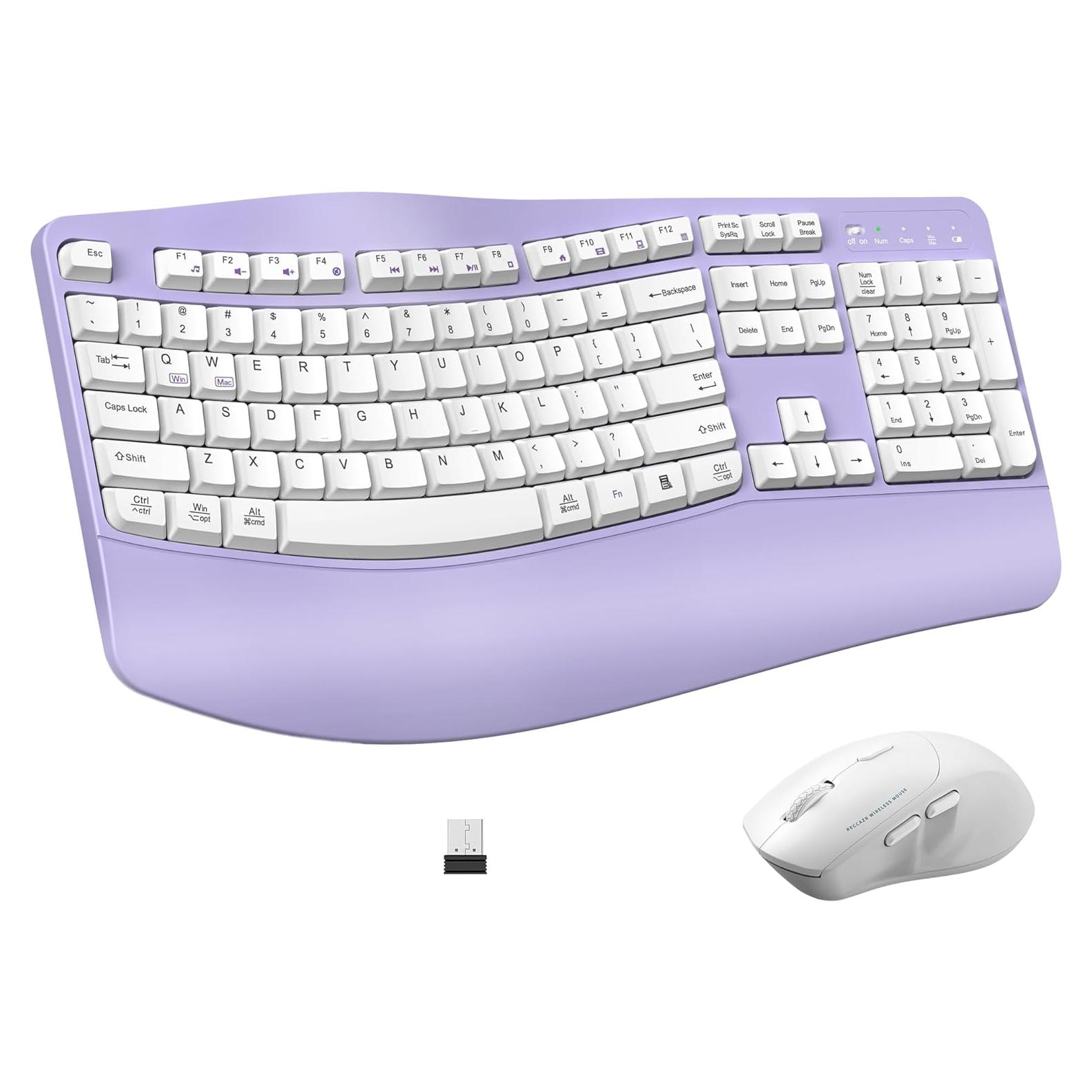Combo Teclado y Ratón Inalámbricos Ergonómicos RECCAZR Púrpura
