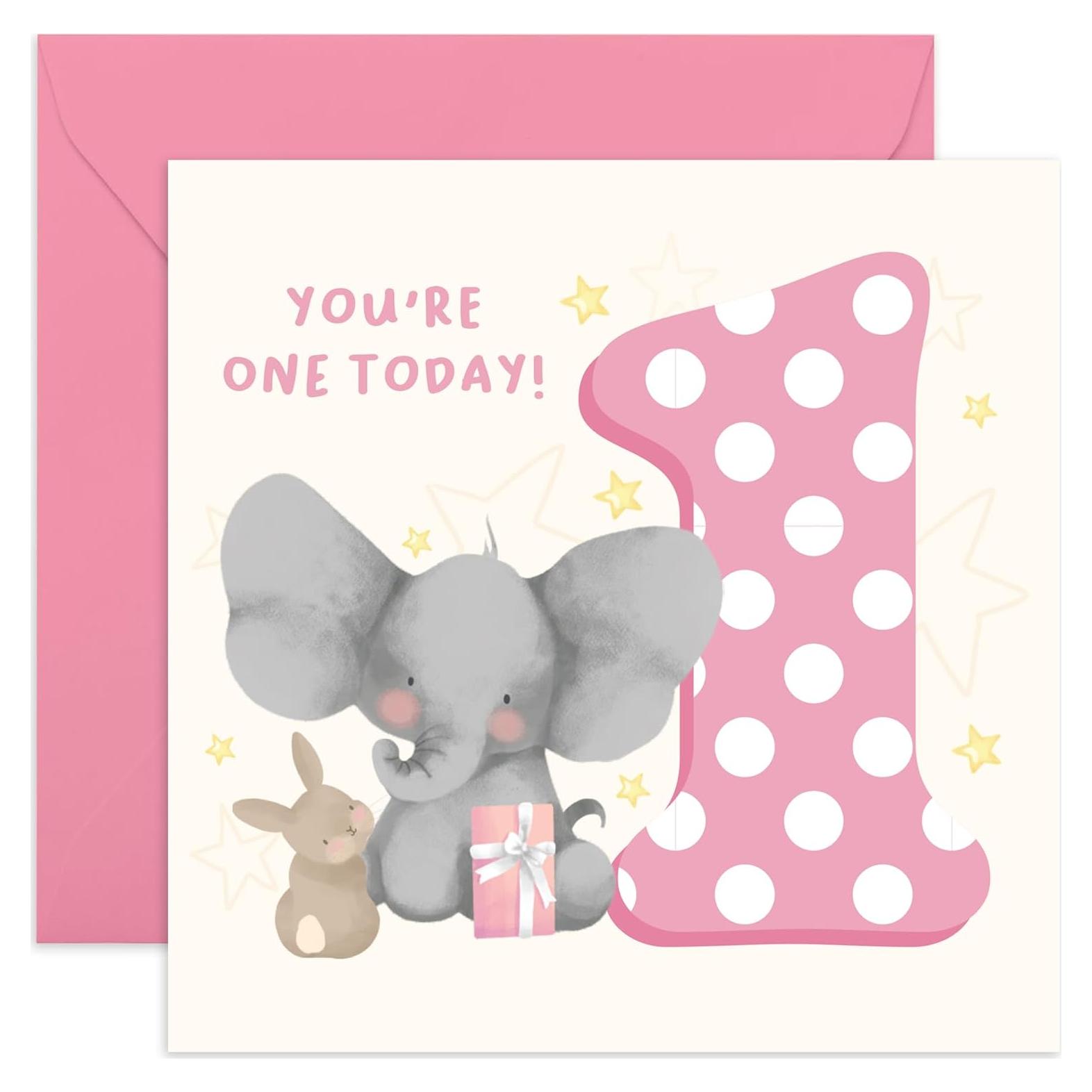 Tarjeta de Cumpleaños 1er Año CENTRAL 23 Elefante Conejo