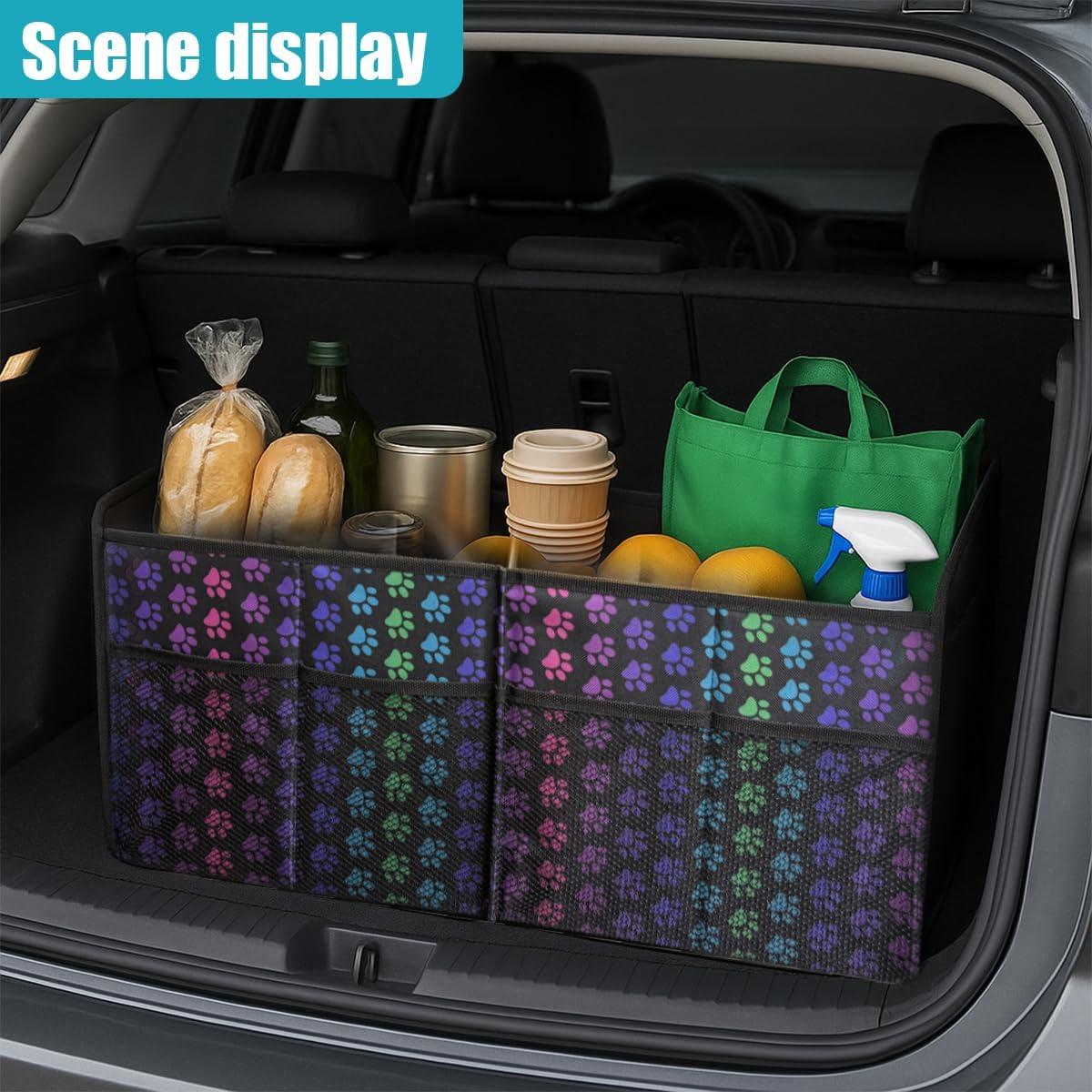 Car Trunk Organizer, Collapsible Multi-Compartment Auto Storage Box with 4 Pockets, Waterproof Oxford Fabric Car Trunk Container Accessories for Sedan SUV Truck (Colorful)