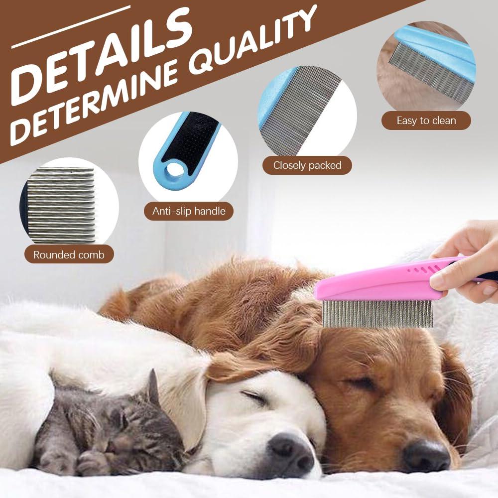 Flea Comb with Rubber Handle, 2025 Upgraded Fine Tooth Dandruff Comb for Dogs & Cats, Fine Tooth Dog Combs for Grooming (Pink)