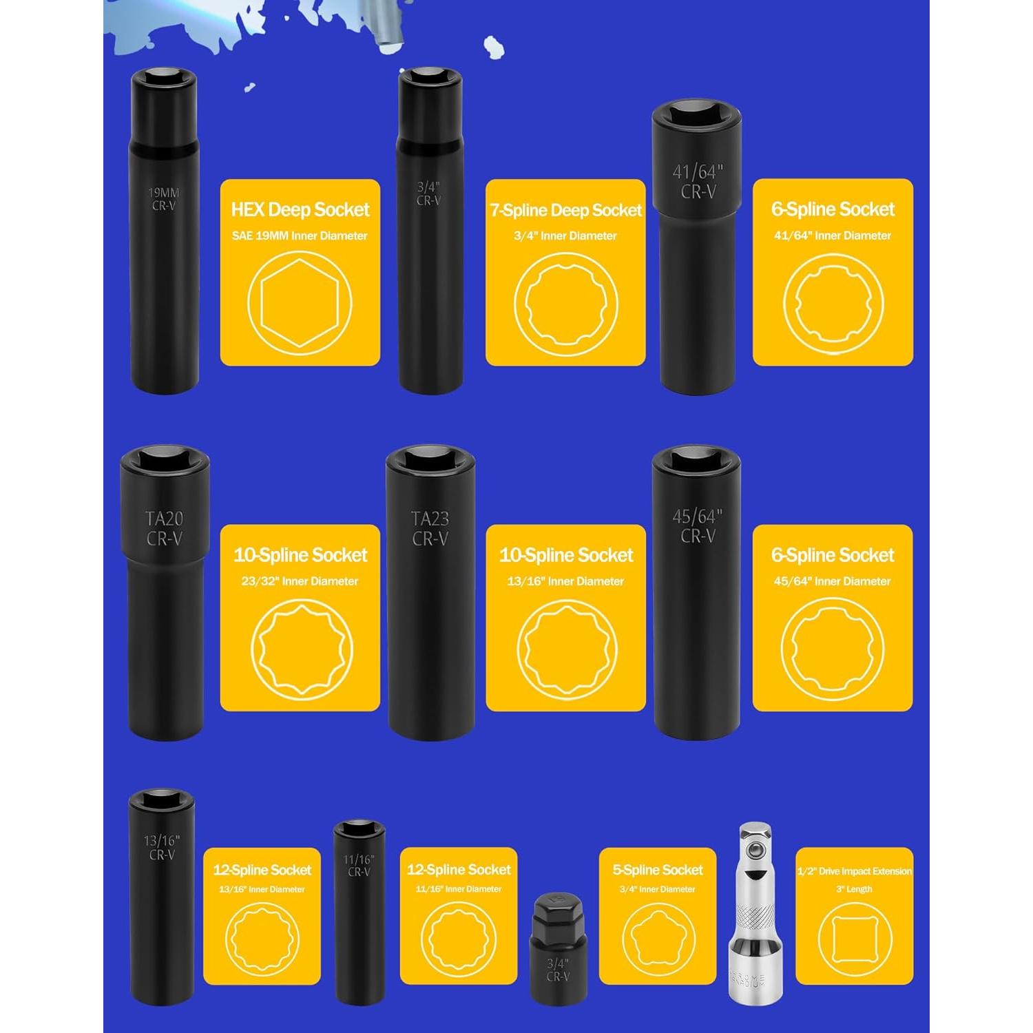 Juego de 10 Llaves de Tuerca Spline 1/2" SUCOSO con Extensión