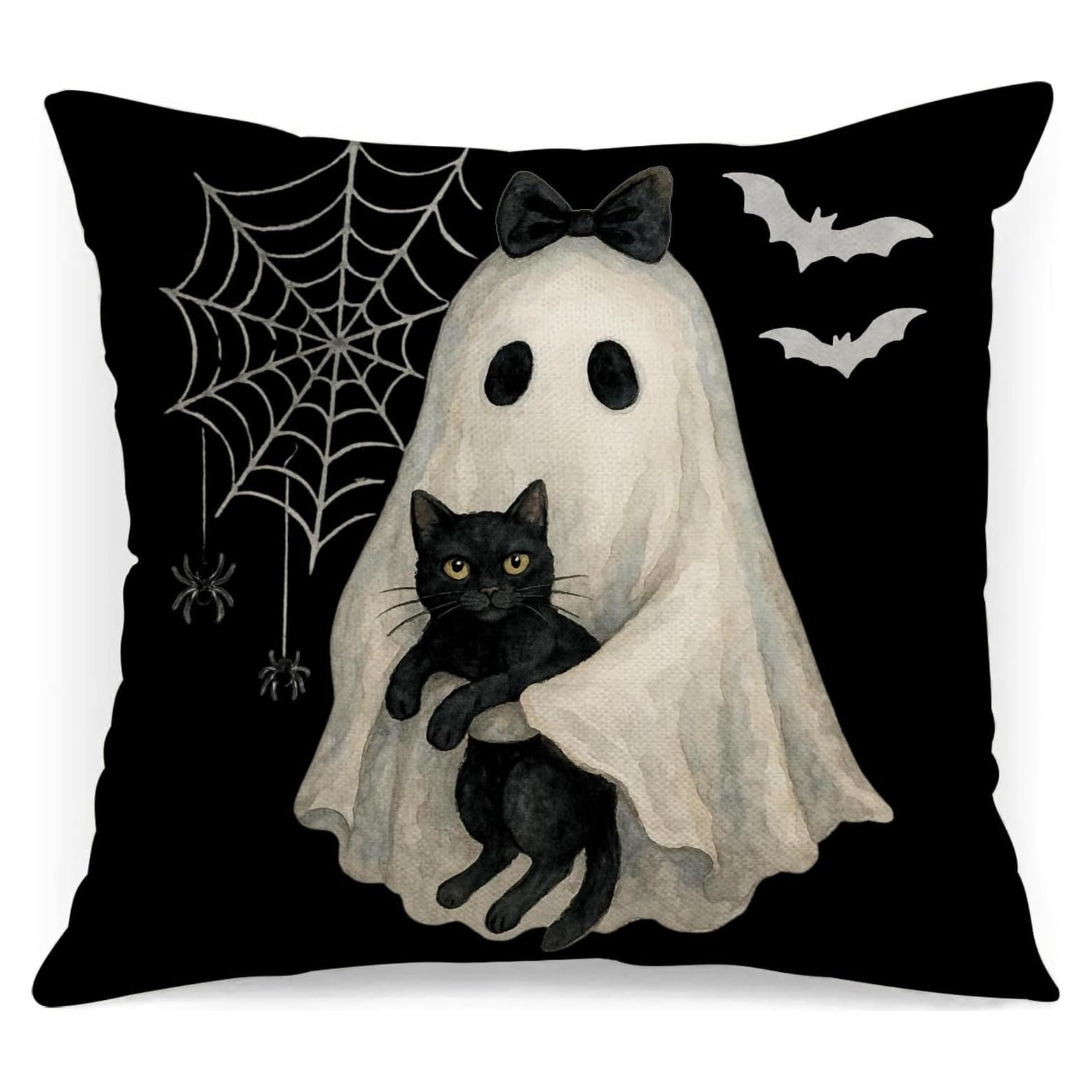 Funda de Almohada Halloween AOFANGGO 45x45 cm Fantasma Gato Negro