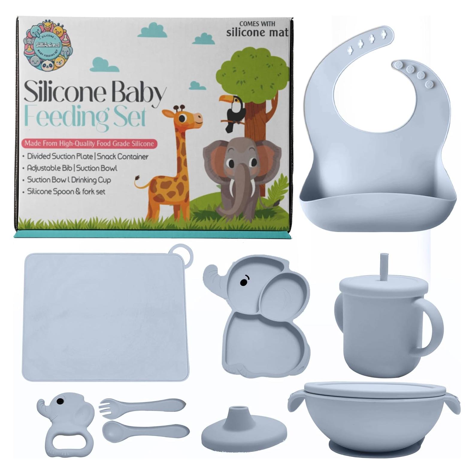 Juego de Alimentación de Silicona Elefante SiliAnimal - Incluye Tapete, Baberos, Cucharas y Cuencos