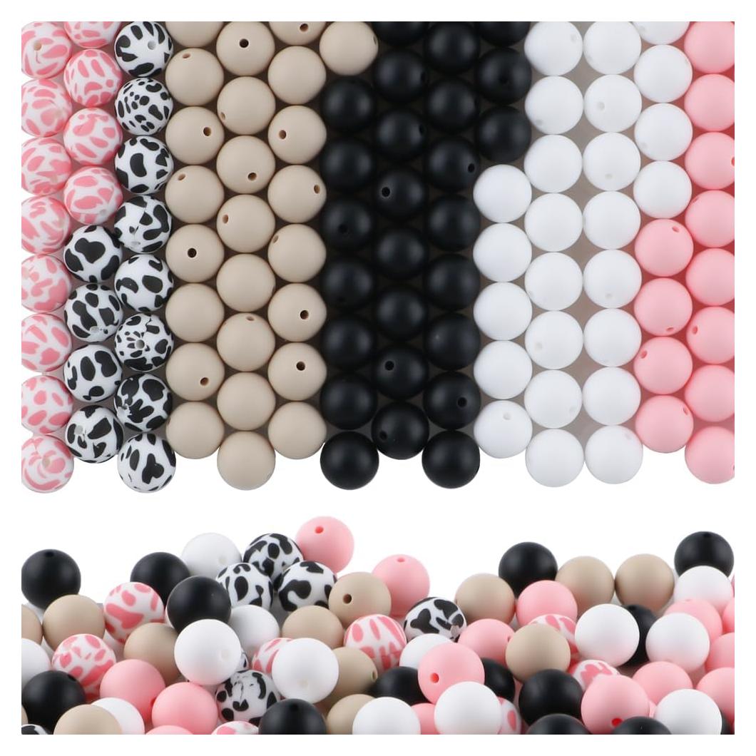 150 Perlas de Silicona 15mm HHCFAST Vaca Negra y Rosa