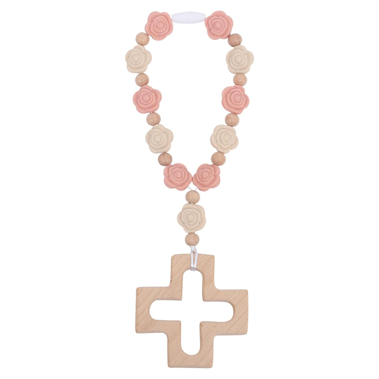 Rosario de Silicona Rosa YOUAME con Cruz de Madera para Bautizo