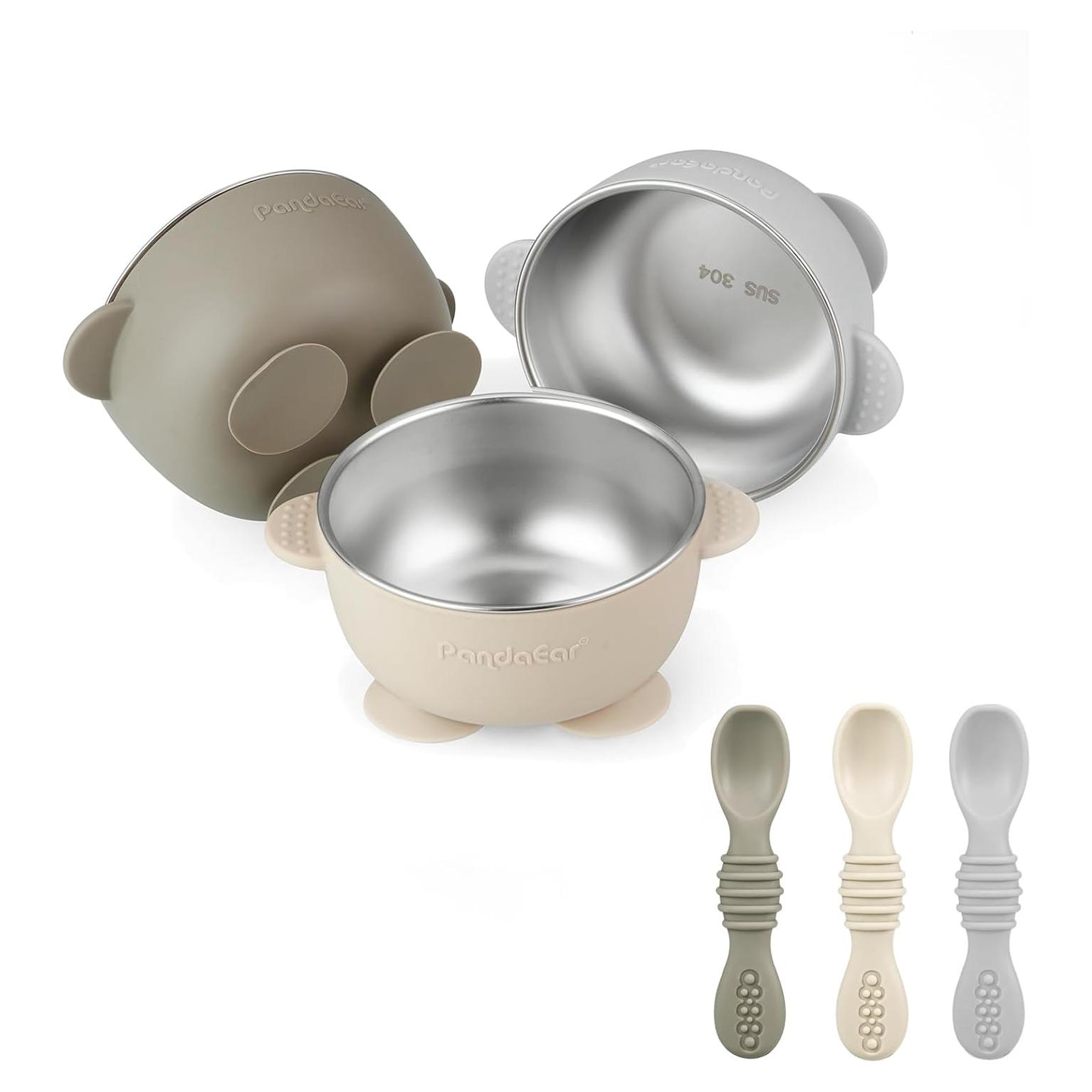 Set de Alimentación PandaEar: 3 Cuencos Inox. y 3 Cucharas Silicona