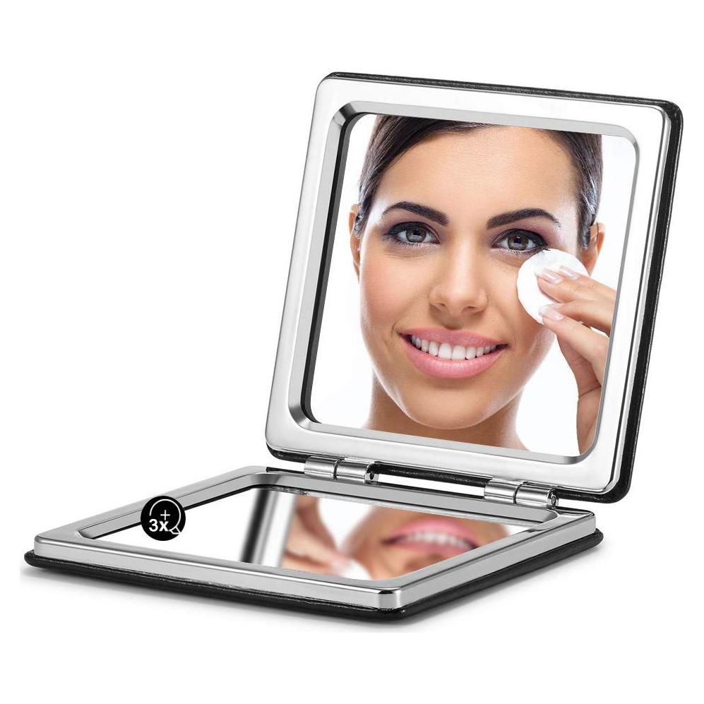 Espejo Compacto OMIRO PU Negro 1X/3X Doble Cara Portátil