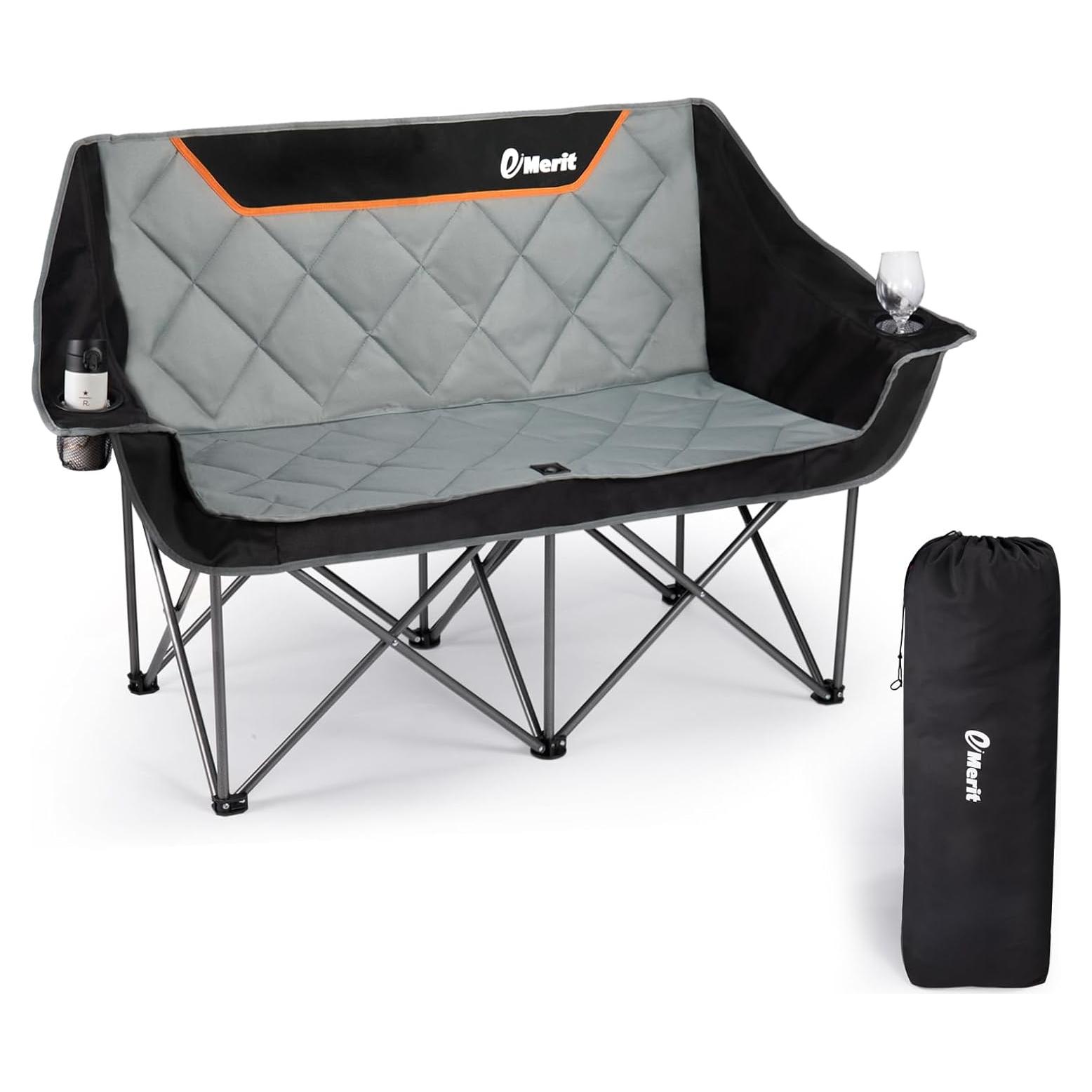 EMERIT Oversized Double Duo Camping Chair Folding Camping Loveseat 2 Person Camping Couch Heavy Duty Lawn Chairs for Outside with Padded Seats & Armrests-Support 650LBS