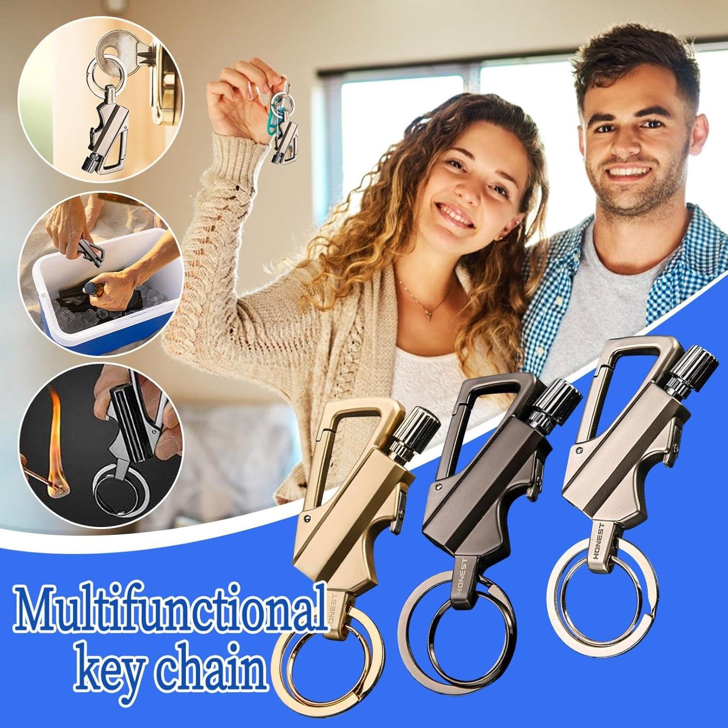 Keychain Lighter with Eternal Match, Windproof & Waterproof, Reusable Portable Butane-Free Multitool, Includes Bottle Opener, for Camping, Hiking, Outdoor Survival, Gift Box Included (Black)