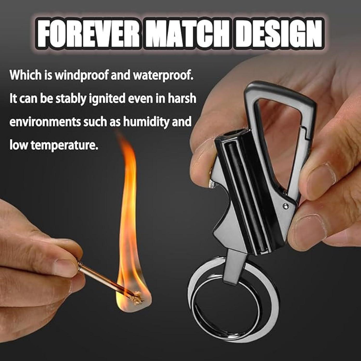 Keychain Lighter with Eternal Match, Windproof & Waterproof, Reusable Portable Butane-Free Multitool, Includes Bottle Opener, for Camping, Hiking, Outdoor Survival, Gift Box Included (Black)