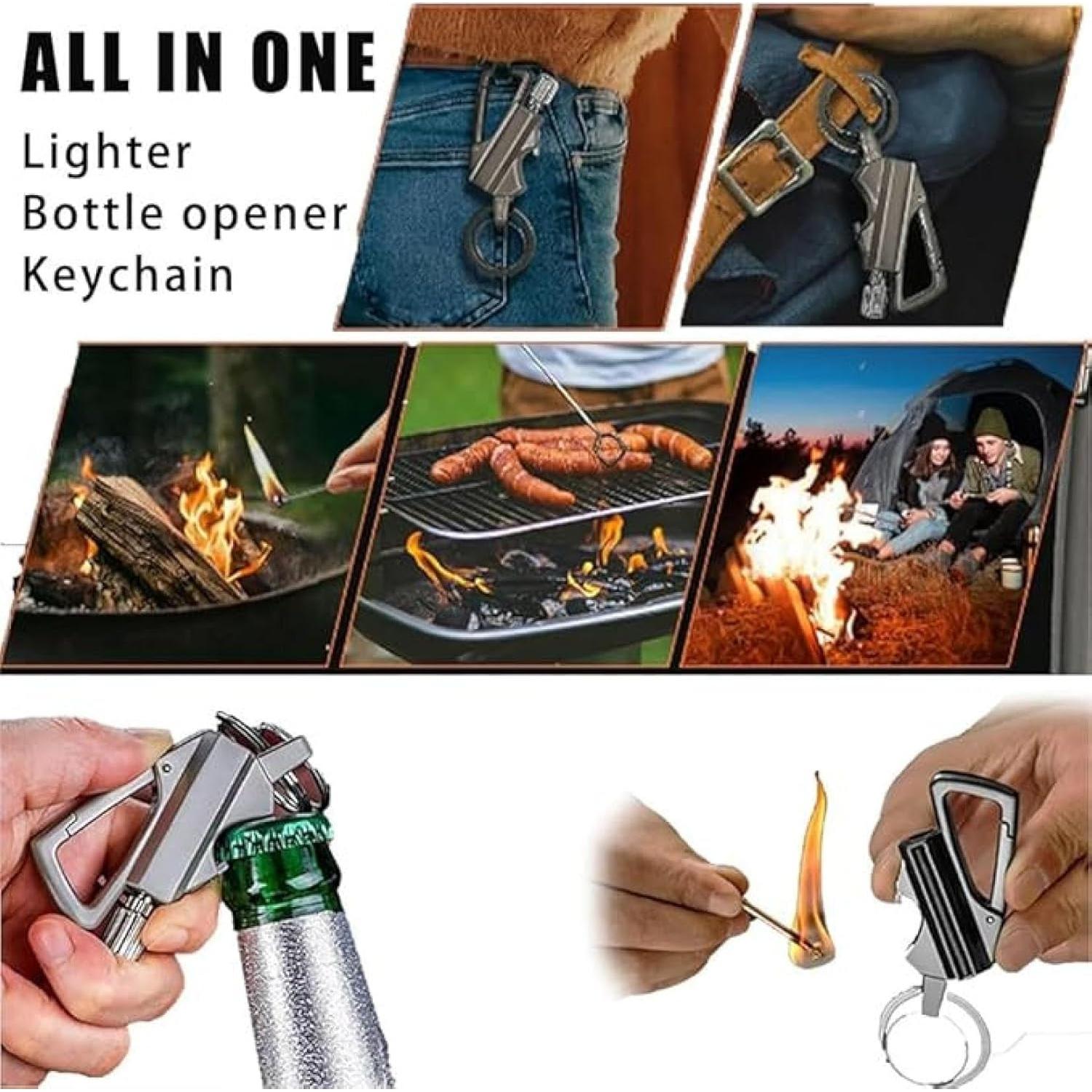 Keychain Lighter with Eternal Match, Windproof & Waterproof, Reusable Portable Butane-Free Multitool, Includes Bottle Opener, for Camping, Hiking, Outdoor Survival, Gift Box Included (Black)