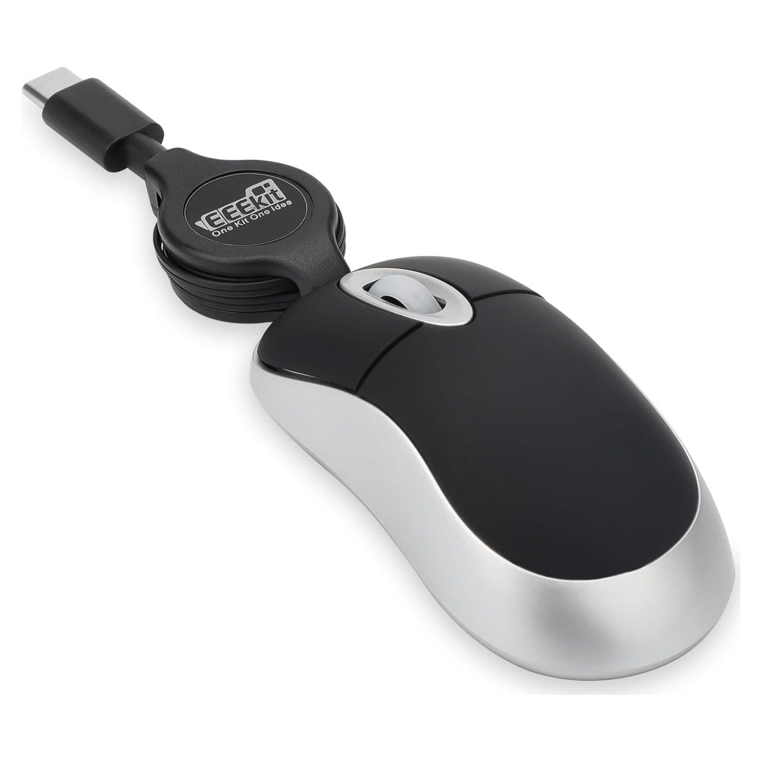 Mini Ratón USB-C EEEKit Óptico 1600 DPI Cable Retráctil Negro