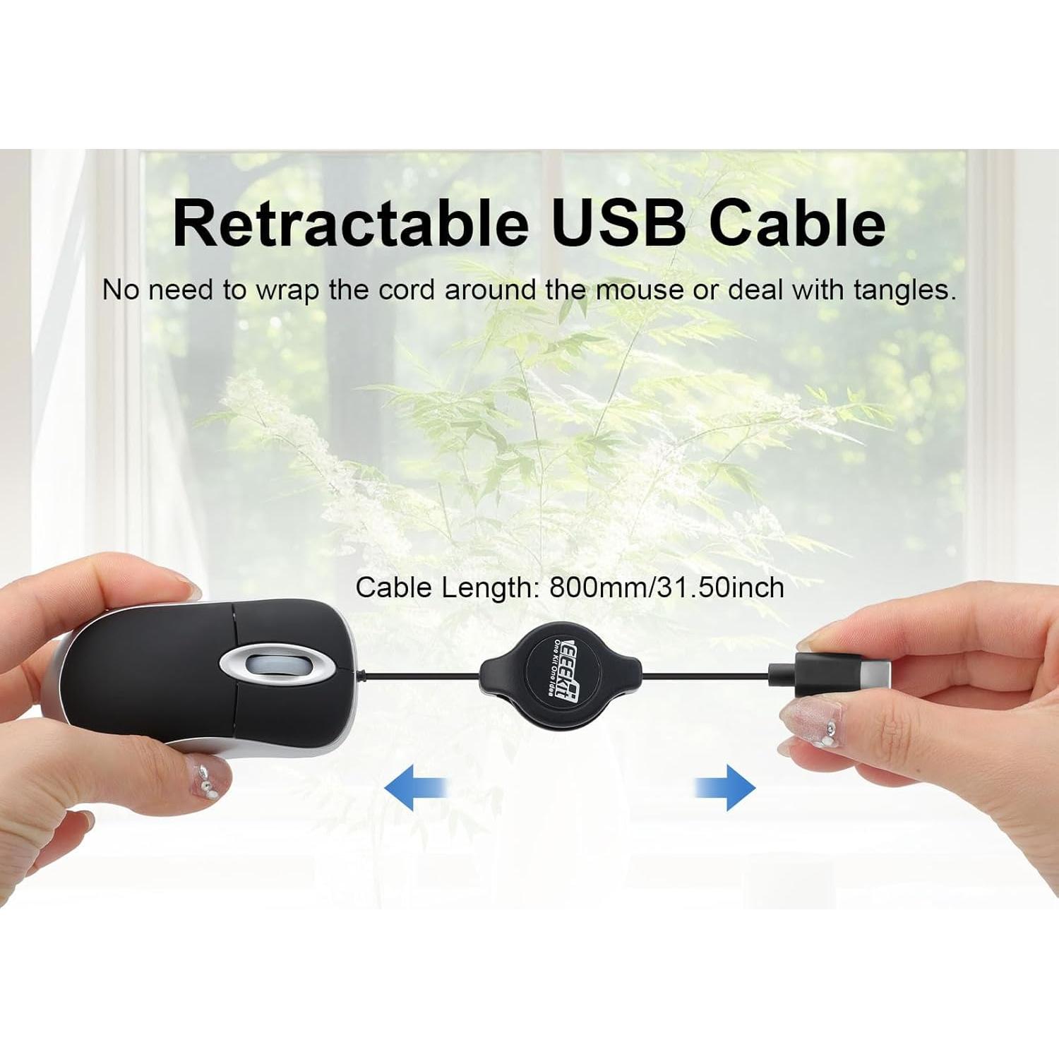 Mini Ratón USB-C EEEKit Óptico 1600 DPI Cable Retráctil Negro