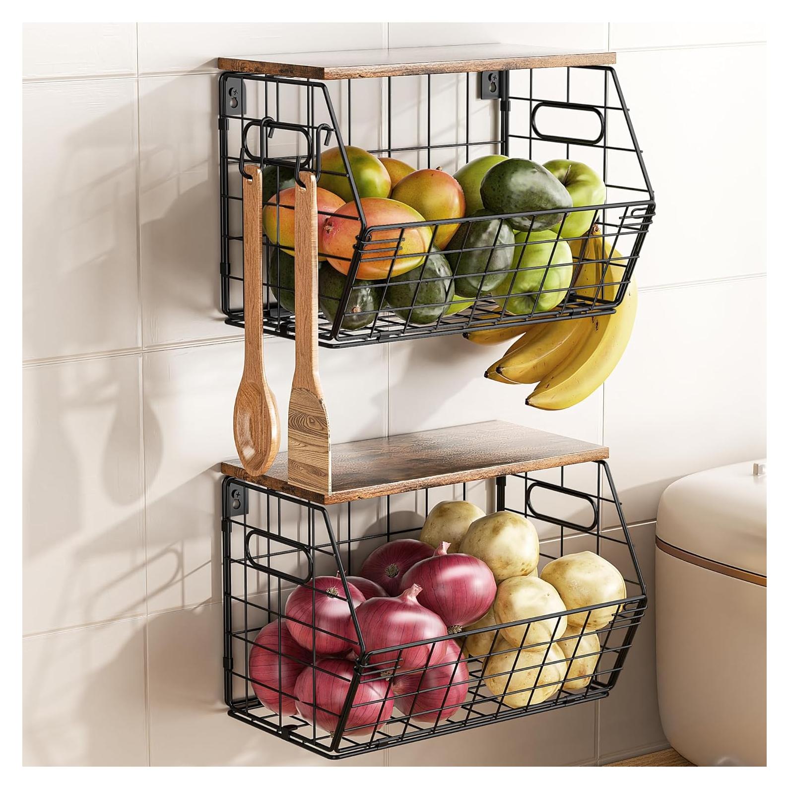 Cesta de Frutas Apilable Delamu 2 Paquete con Tapa de Madera